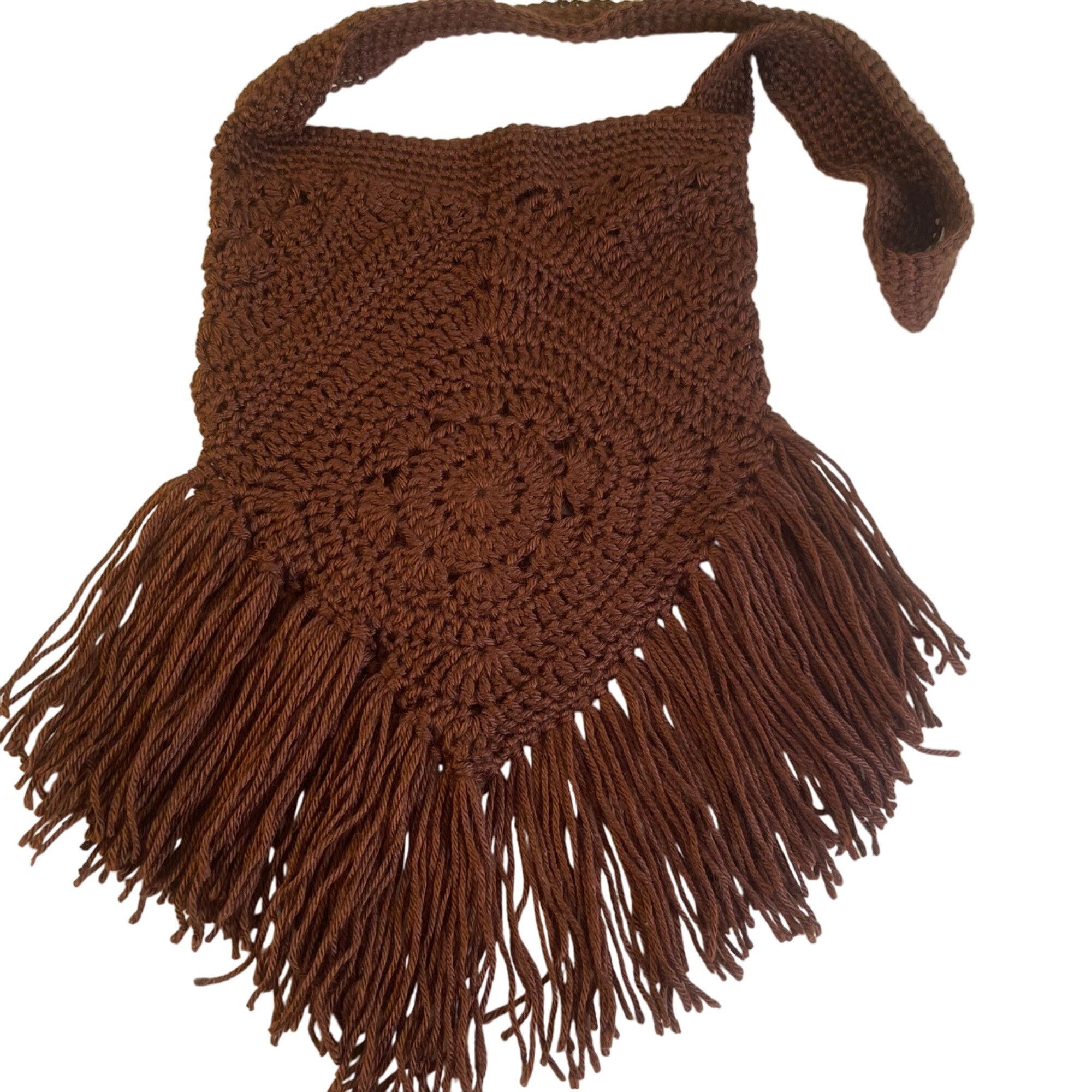 Handmade Hippie Purse Crochet Fringed Retro Boho Style Dark Brown Han Size ONE SIZE - 1 Thumbnail