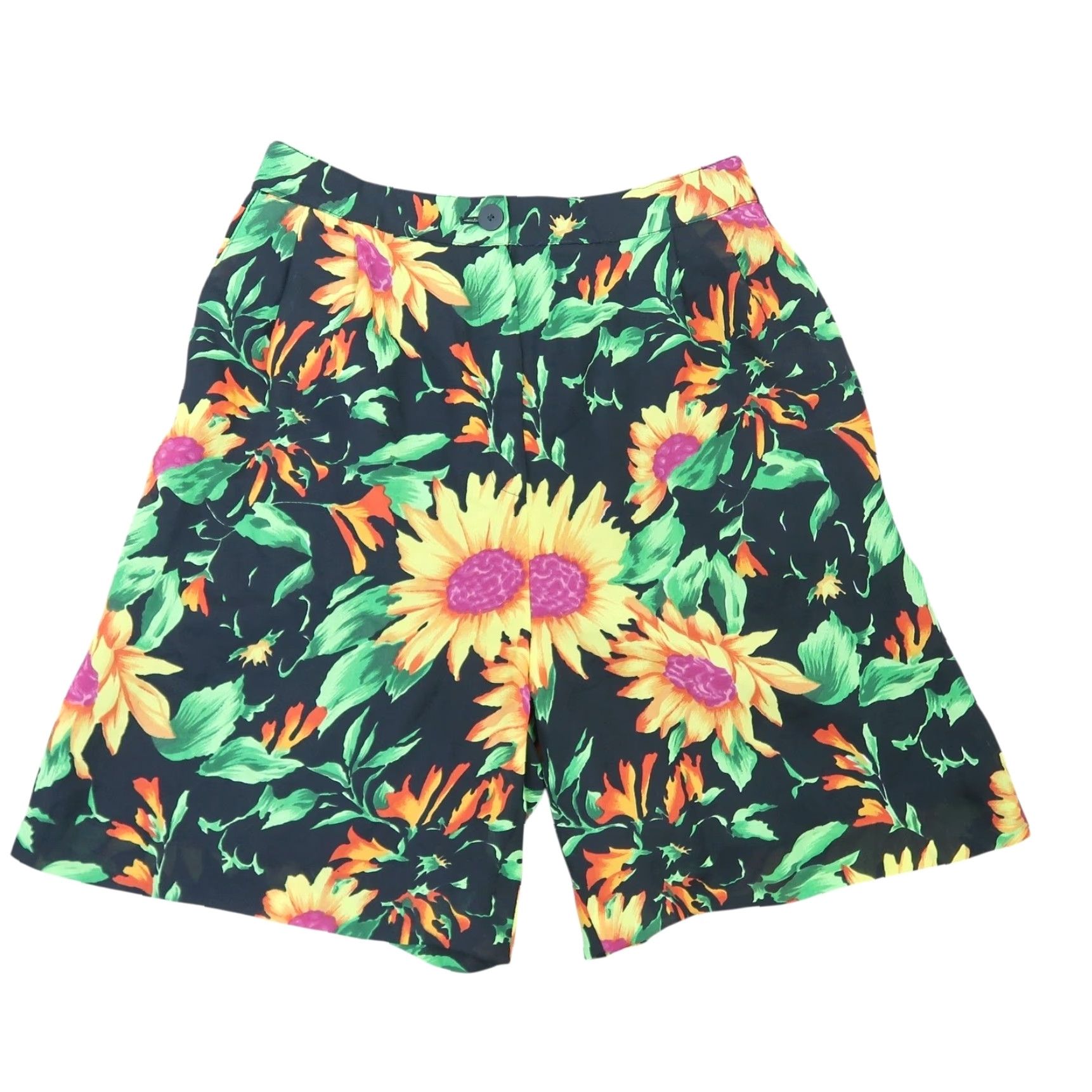 Sunflower VINTAGE 90s Black and Yellow Sunflower Floral High Rise Bermuda Shorts S Women BMI? Size 28" / US 6 / IT 42 - 2 Thumbnail