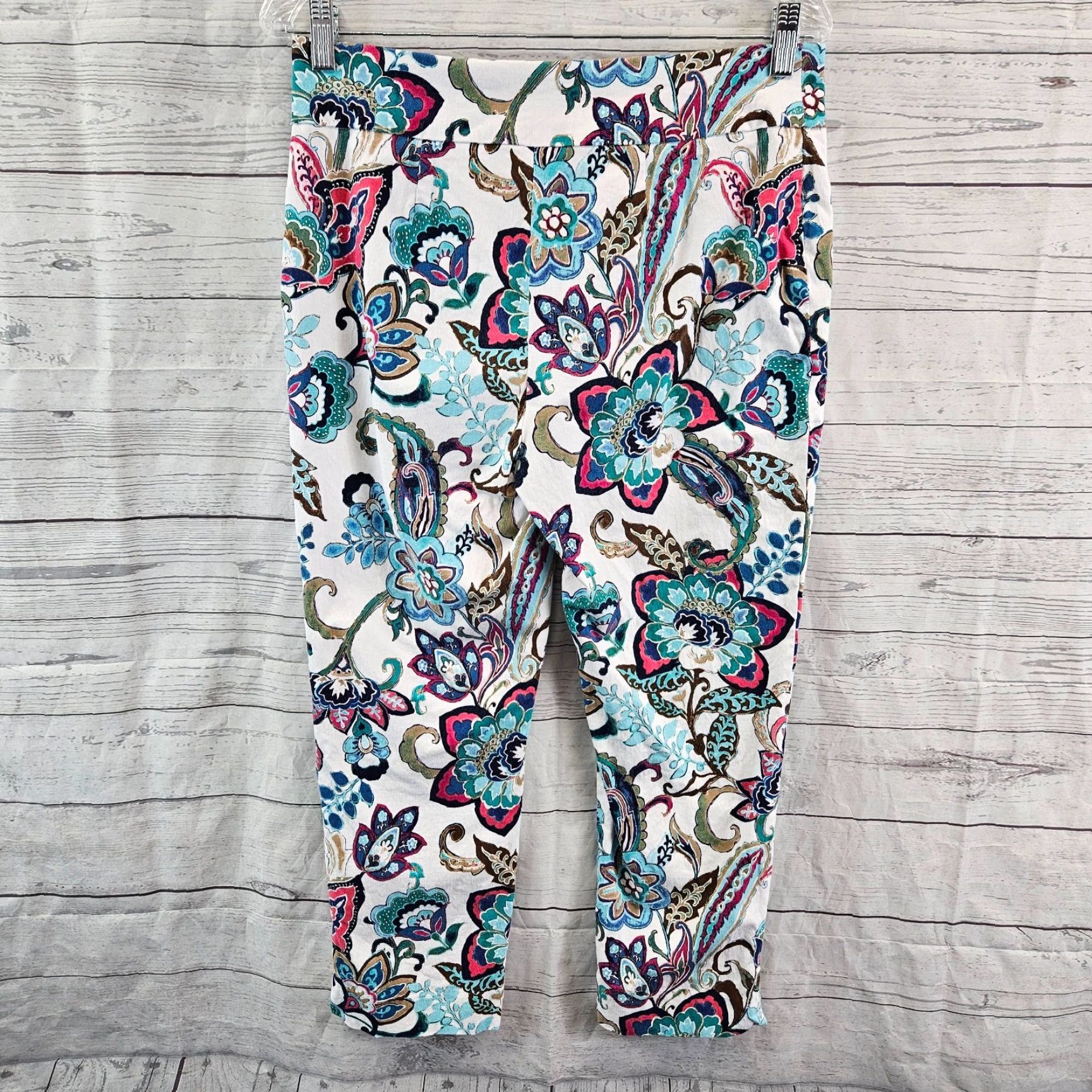 Vintage Chico's Womens So Slimming Crop Pants Sz 6 Blue Pink Floral Pull On Mid Rise Cropped Size 28" / US 6 / IT 42 - 3 Thumbnail