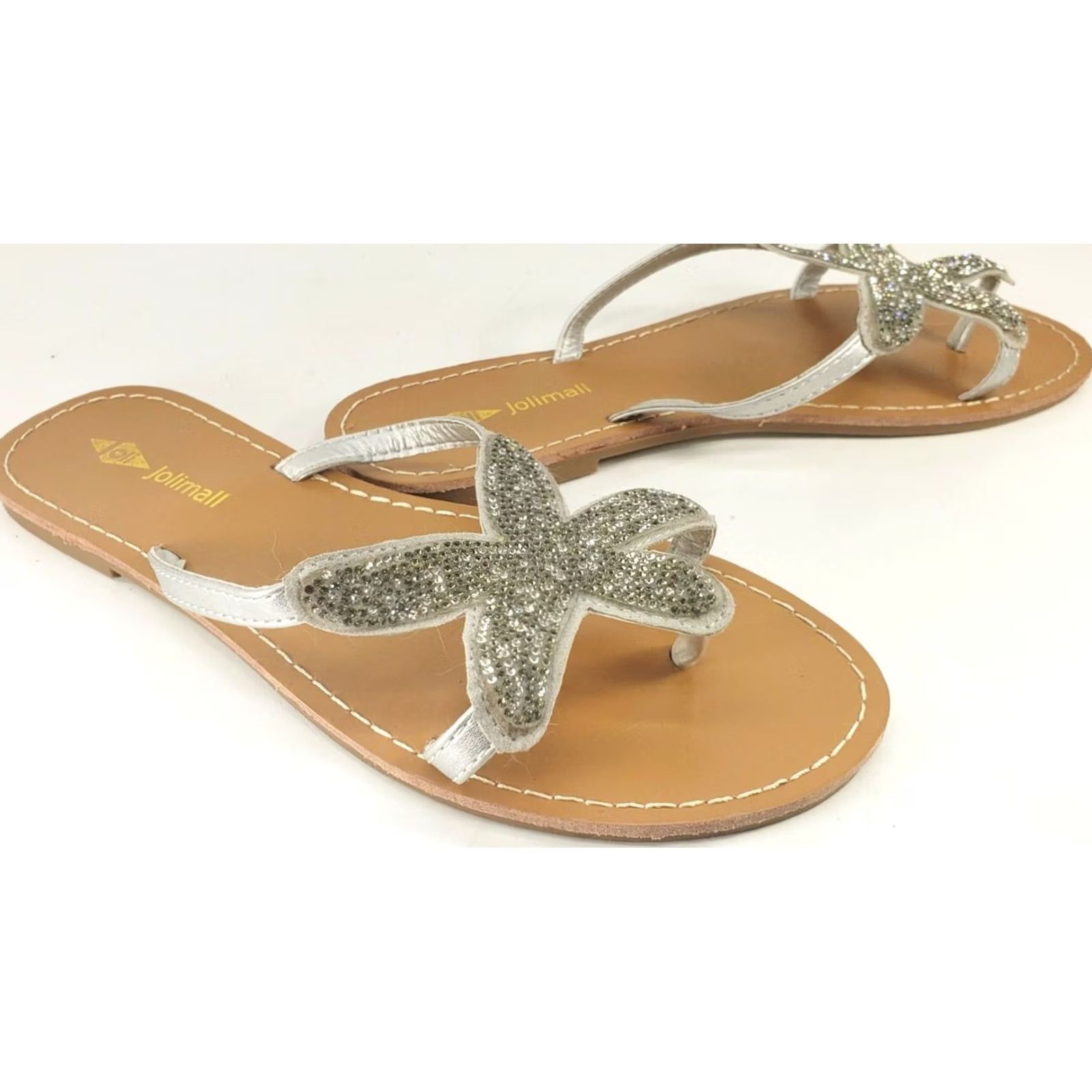 Vintage Jolimall Womens Flat Summer Toe Post Sandals Size 6 Crystal Beaded Starfish Upfront with Silver Straps Size US 6 / IT 36 - 2 Thumbnail