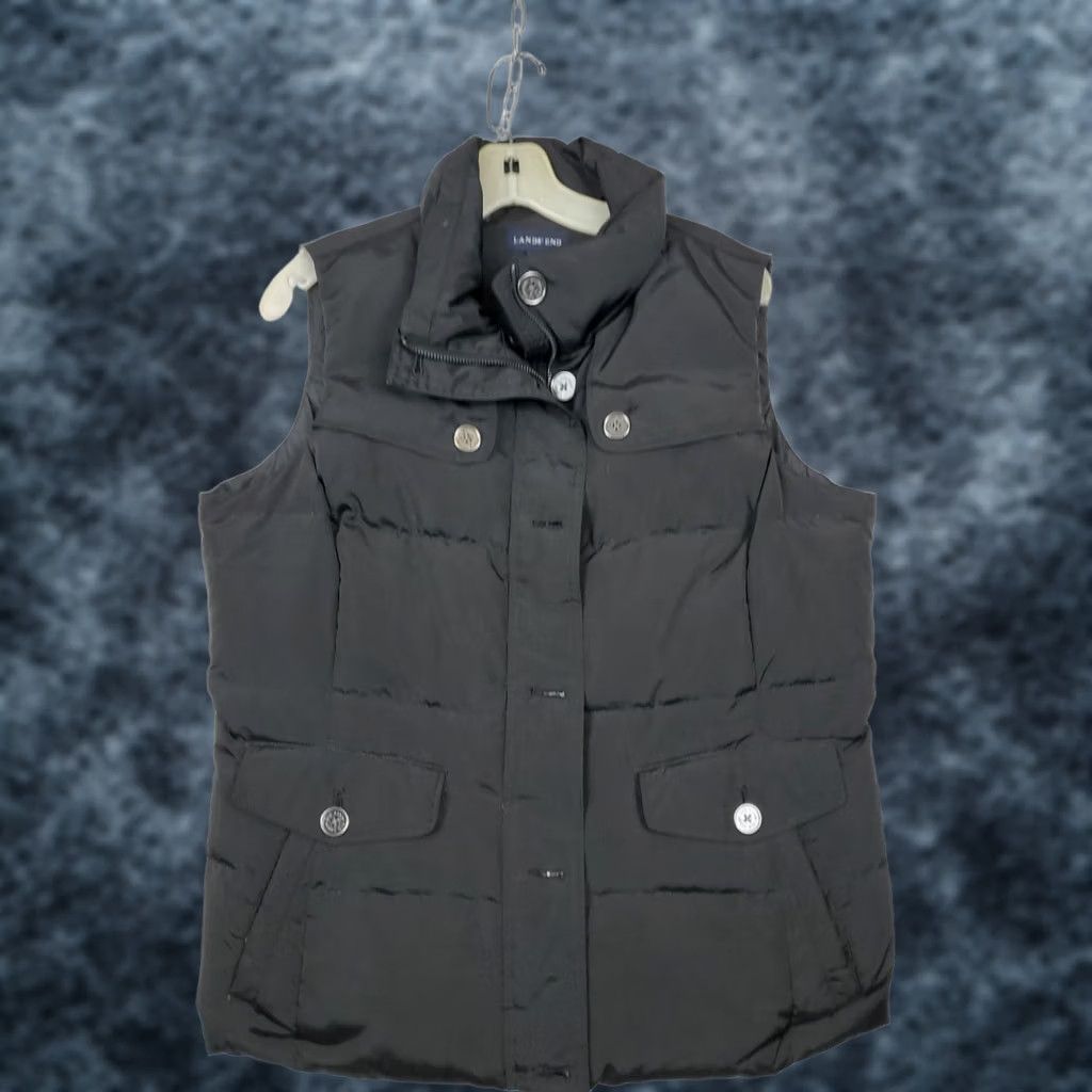 Lands' End VINTAGE Lands End Black Down Puffer Vest Quilted Button Flap Pockets Full Zip Mid-Length Size M Womens Size M / US 6-8 / IT 42-44 - 1 Thumbnail