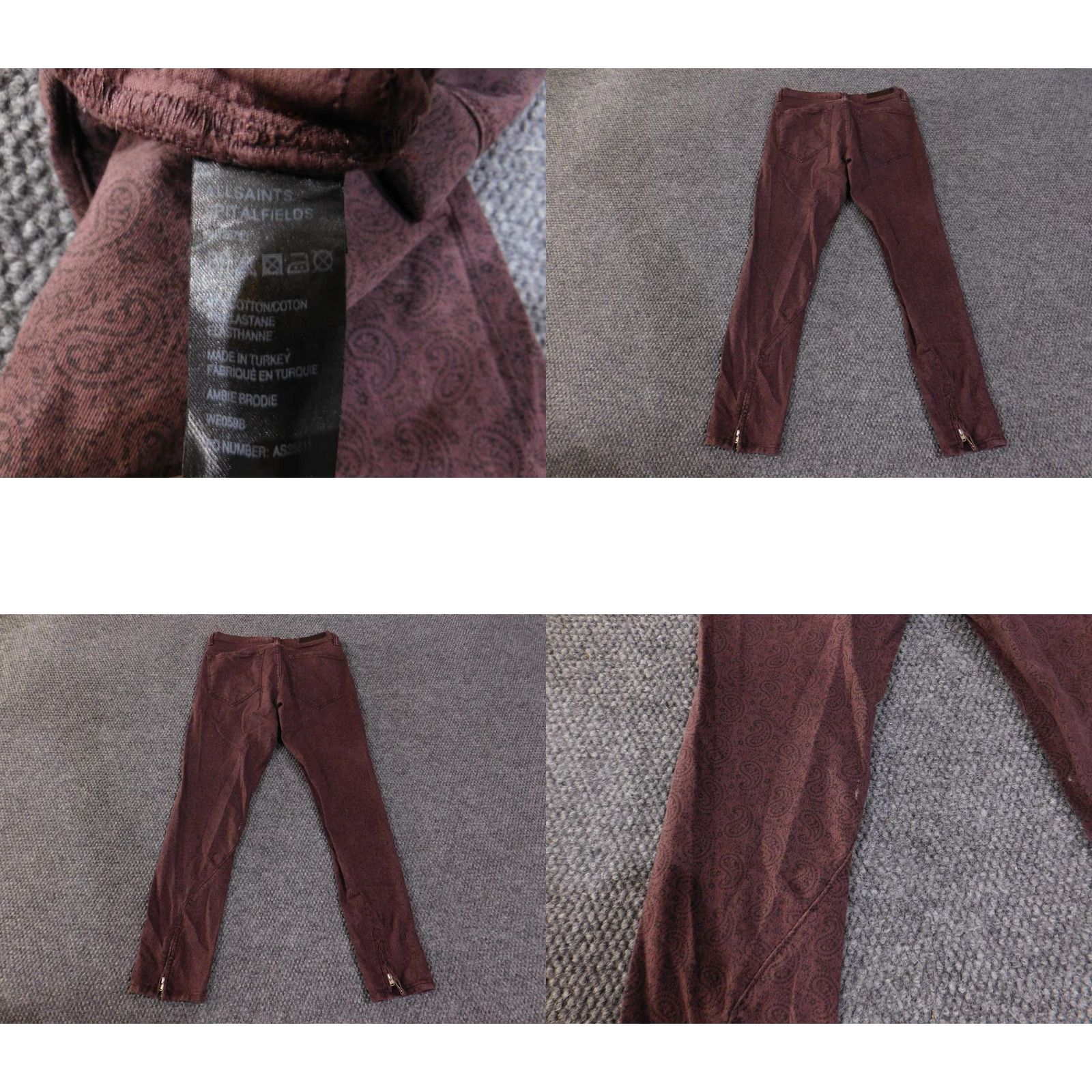 Allsaints AllSaints Pants Womens 26 Paisley Corduroy Skinny Zip Turkey Brown Size 26" / US 2 / IT 38 - 8 Thumbnail