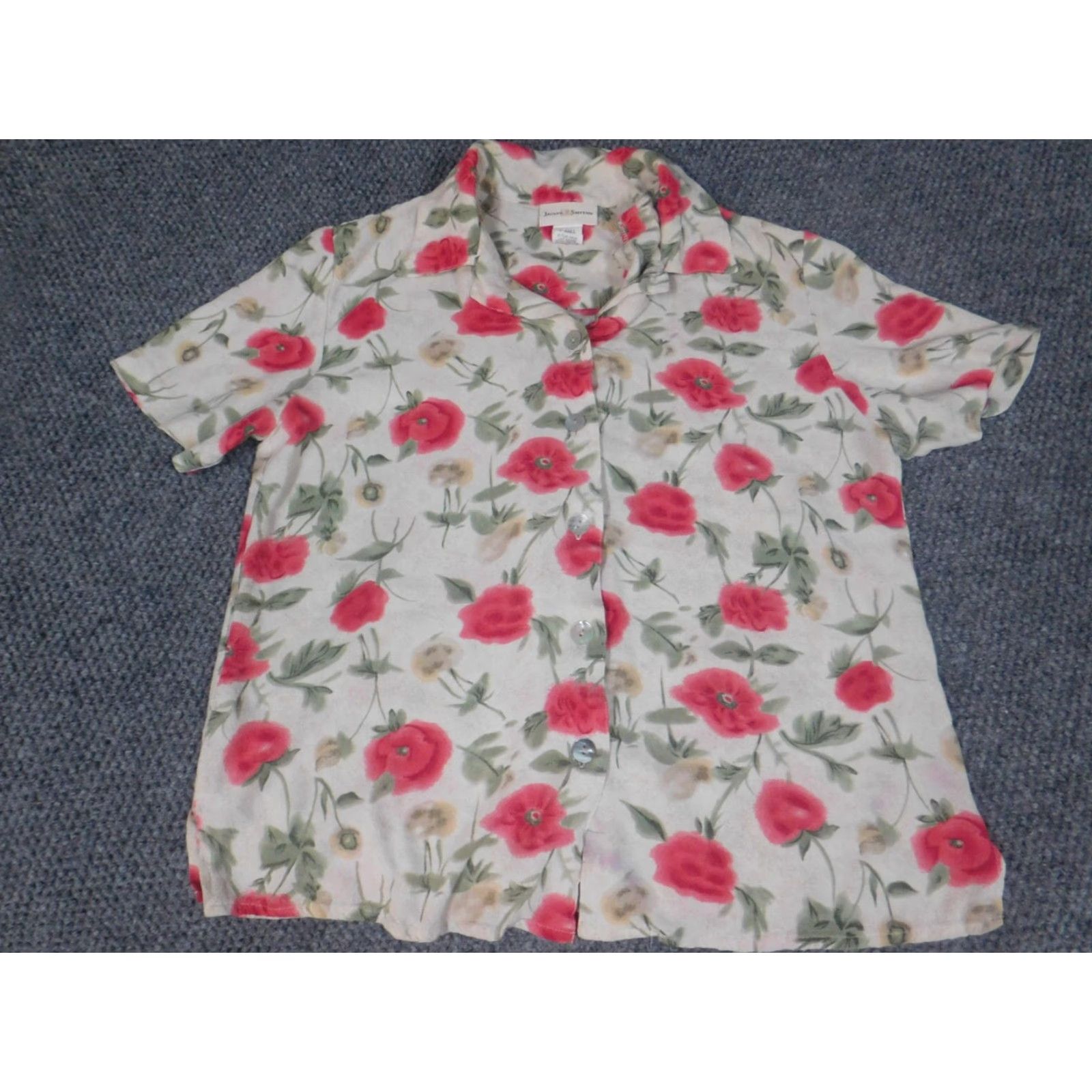 Vintage Jaclyn Smith Womens Button-Up Shirt Short Sleeve Beige Floral Small S Regular Crew Neck Pullover Casual Polyester Rayon Button Size S / US 4 / IT 40 - 4 Thumbnail