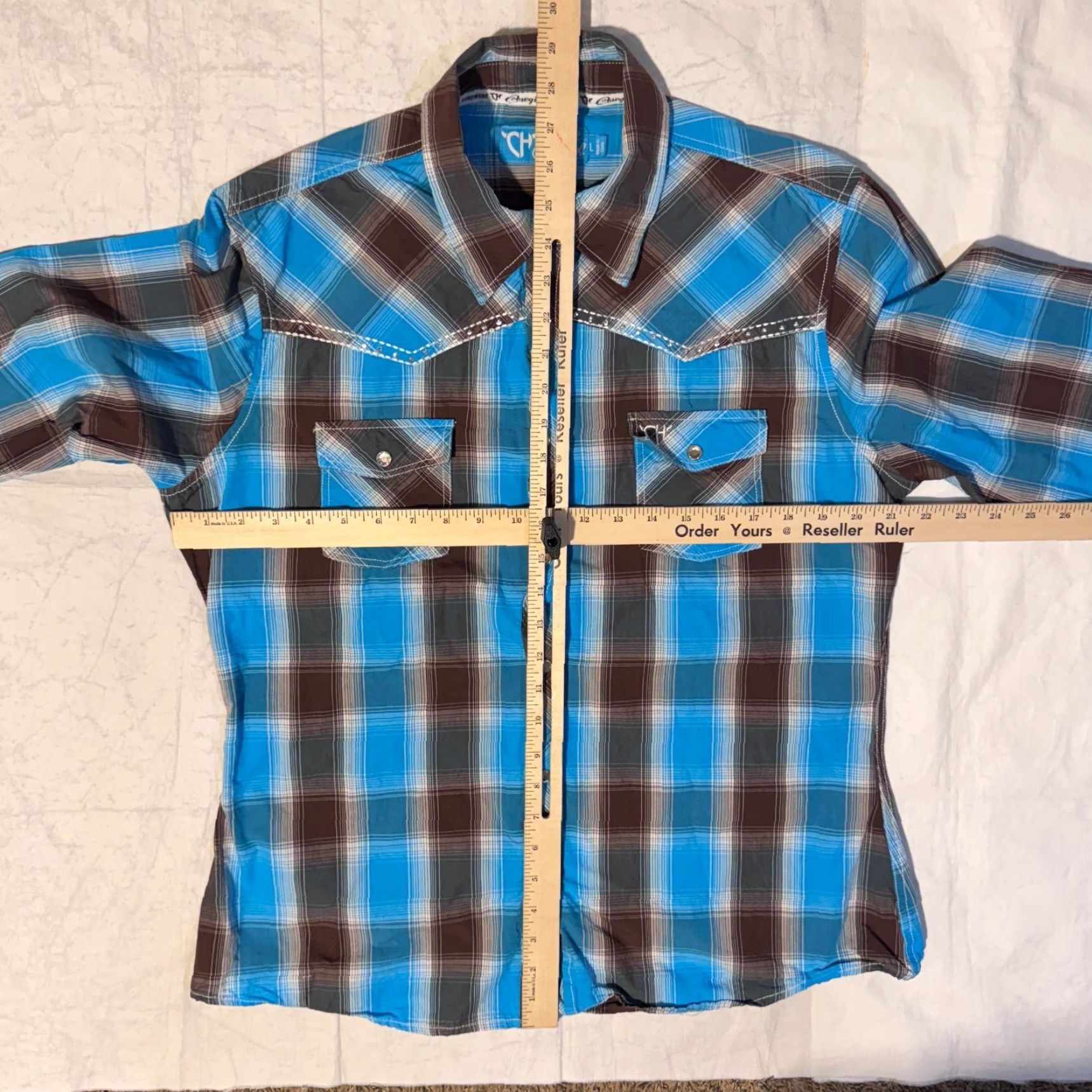 Vintage Cowgirl Hardware Shirt - L Blue & Brown Plaid Western Bling Snap Button-Up Womens Regular Long Sleeve Cotton Knit Classic Western Blouse Size L / US 10 / IT 46 - 5 Thumbnail