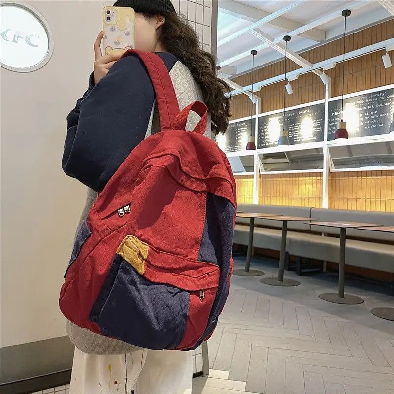 Japanese Brand Fashion patchwork canvas backpack aesthetic y2k school Size ONE SIZE - 2 Thumbnail