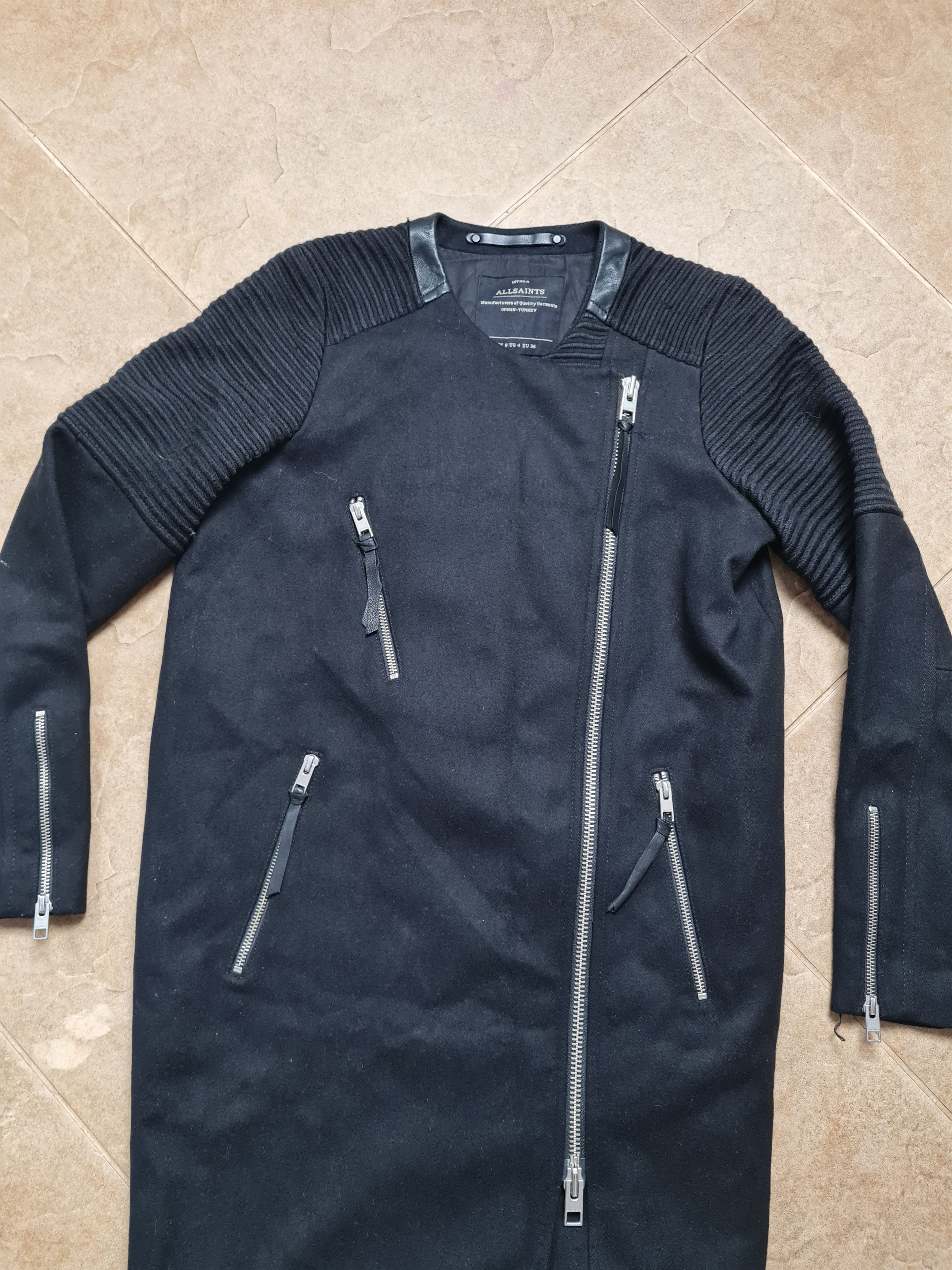 Allsaints AllSaints Black Biker Coat Long Jacket Asymmetric Zip Wool Size S / US 4 / IT 40 - 5 Thumbnail