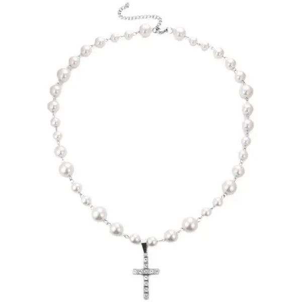 Jewelry Rhinestone Cross Pearl Pendant Necklace Size ONE SIZE - 4 Thumbnail
