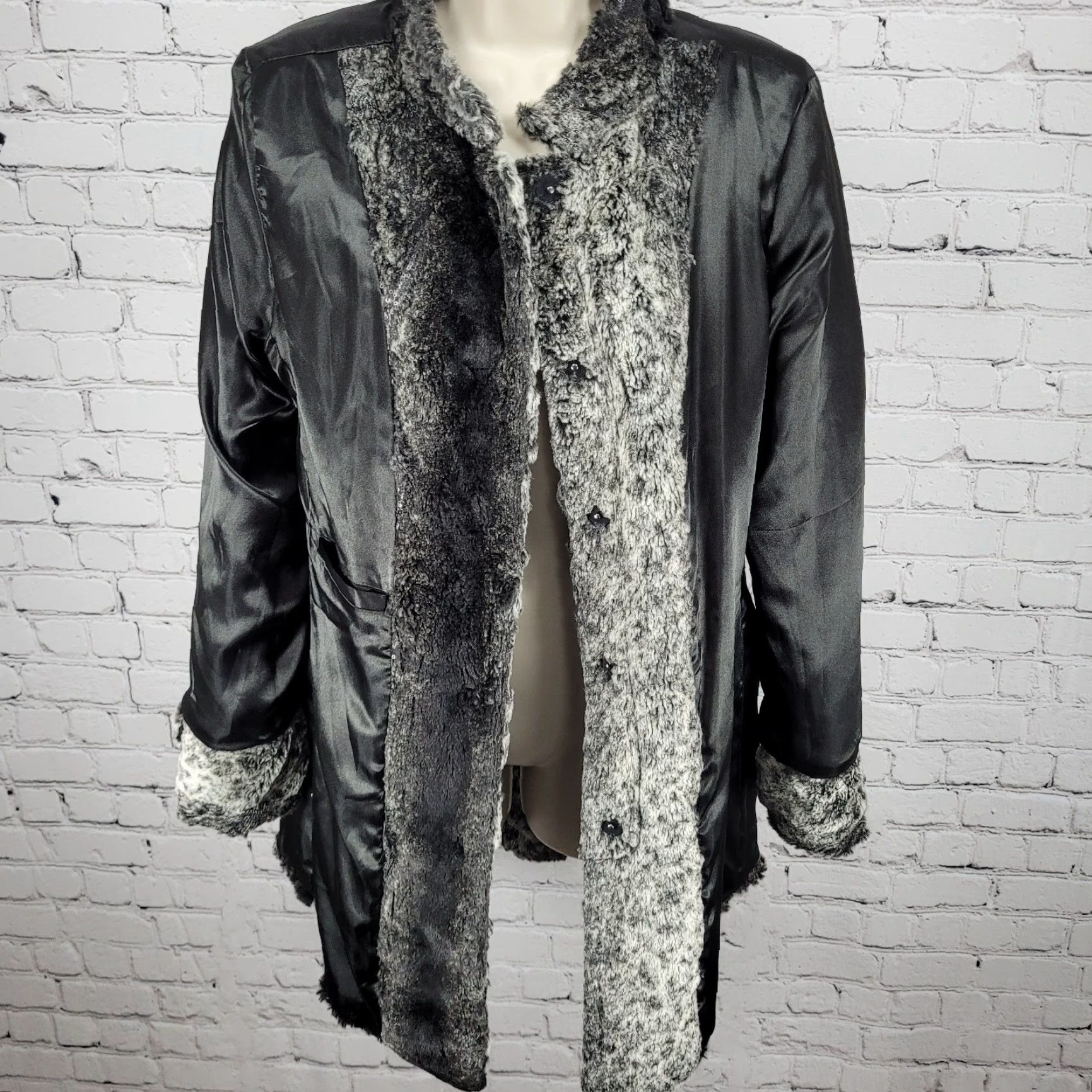Vintage Stevie Mac New York Grey Faux Fur Sequin Pockets Snap Lined Over Coat Womens Size L / US 10 / IT 46 - 5 Thumbnail