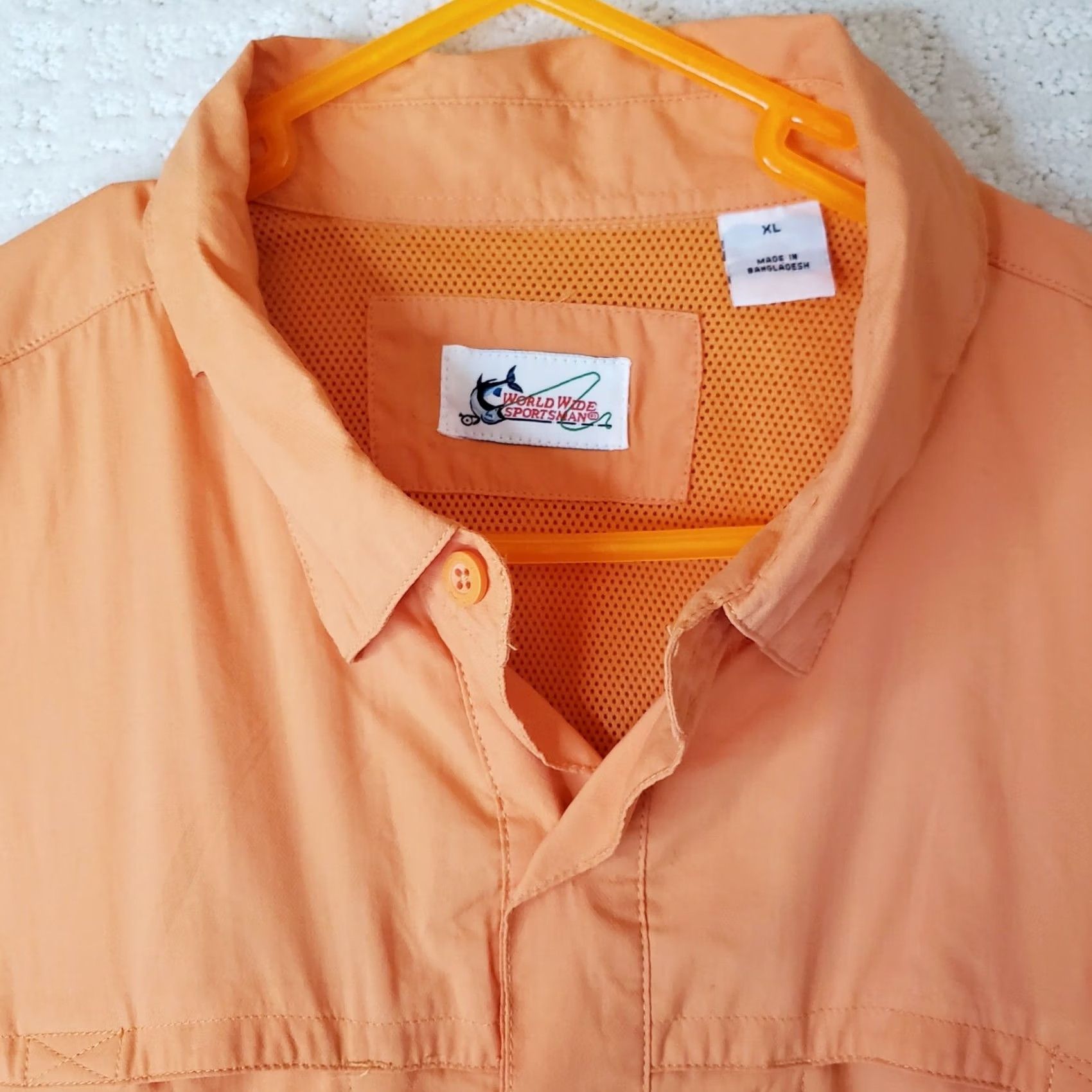 Vintage World Wide Sportsman Shirt Men XL Orange Vented Fishing Button Up Short S Poly Nylon Polyester Pocket Logo Size US XL / EU 56 / 4 - 5 Thumbnail