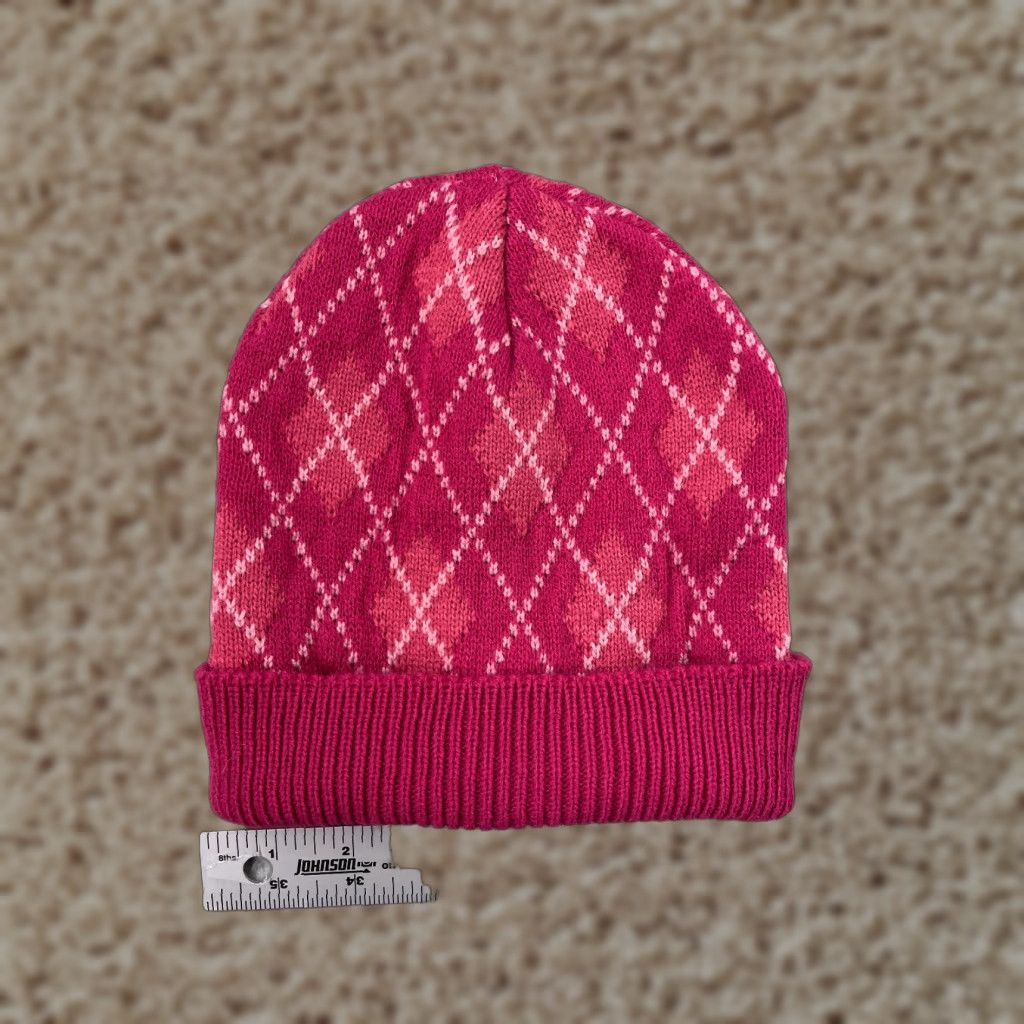 Vintage American Exchange Time LLC Beanie Adult OS Pink Argyle Knit 100% Acrylic Size ONE SIZE - 1 Thumbnail