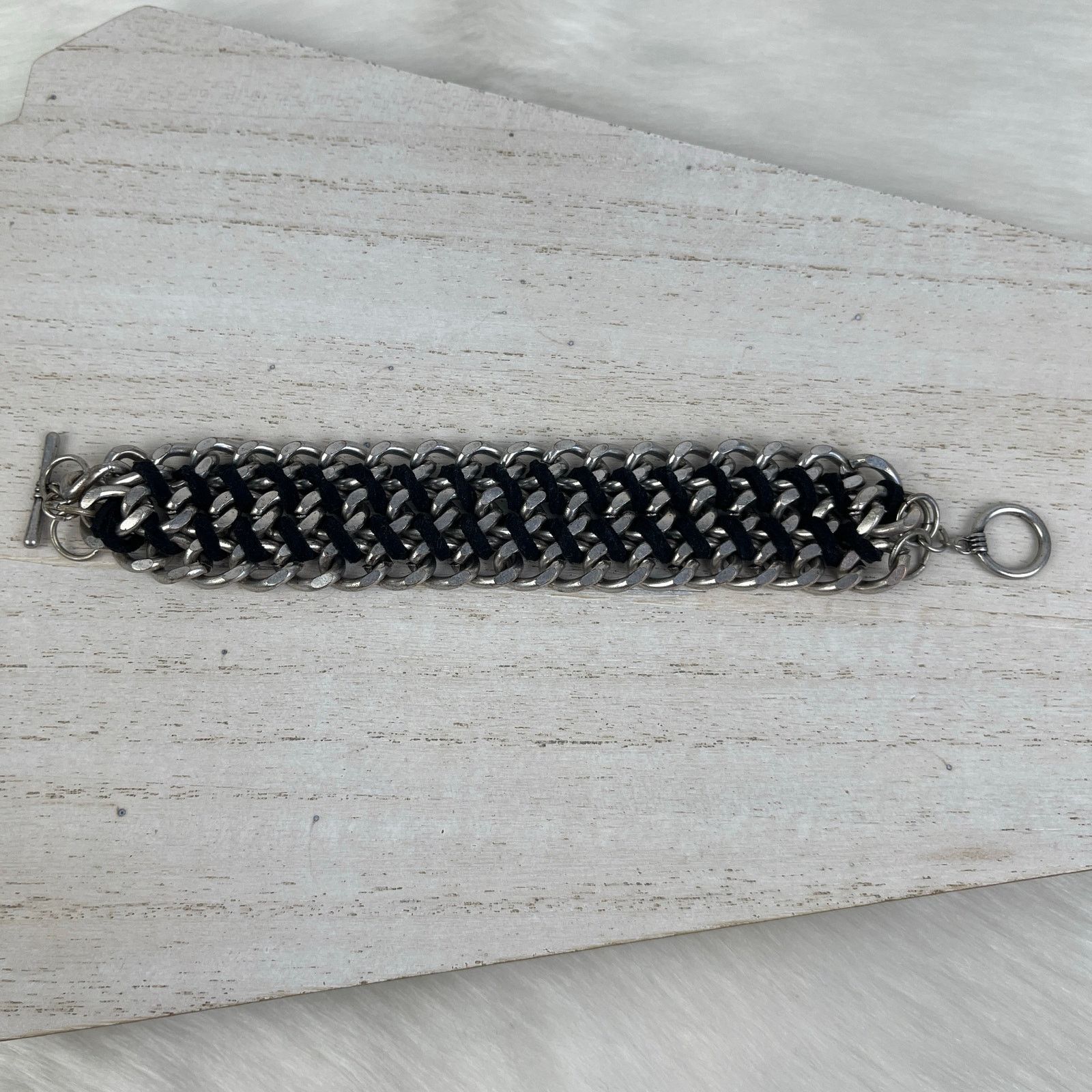 Other Silver Tone Chain Link Bracelet Black Braided Faux Leather Size ONE SIZE - 5 Thumbnail