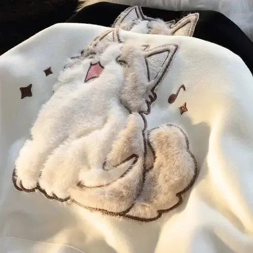Japanese Brand × Vintage Embroider Cat Cute Kawaii Oversized Hoodie Women Autumn Size ONE SIZE - 4 Thumbnail