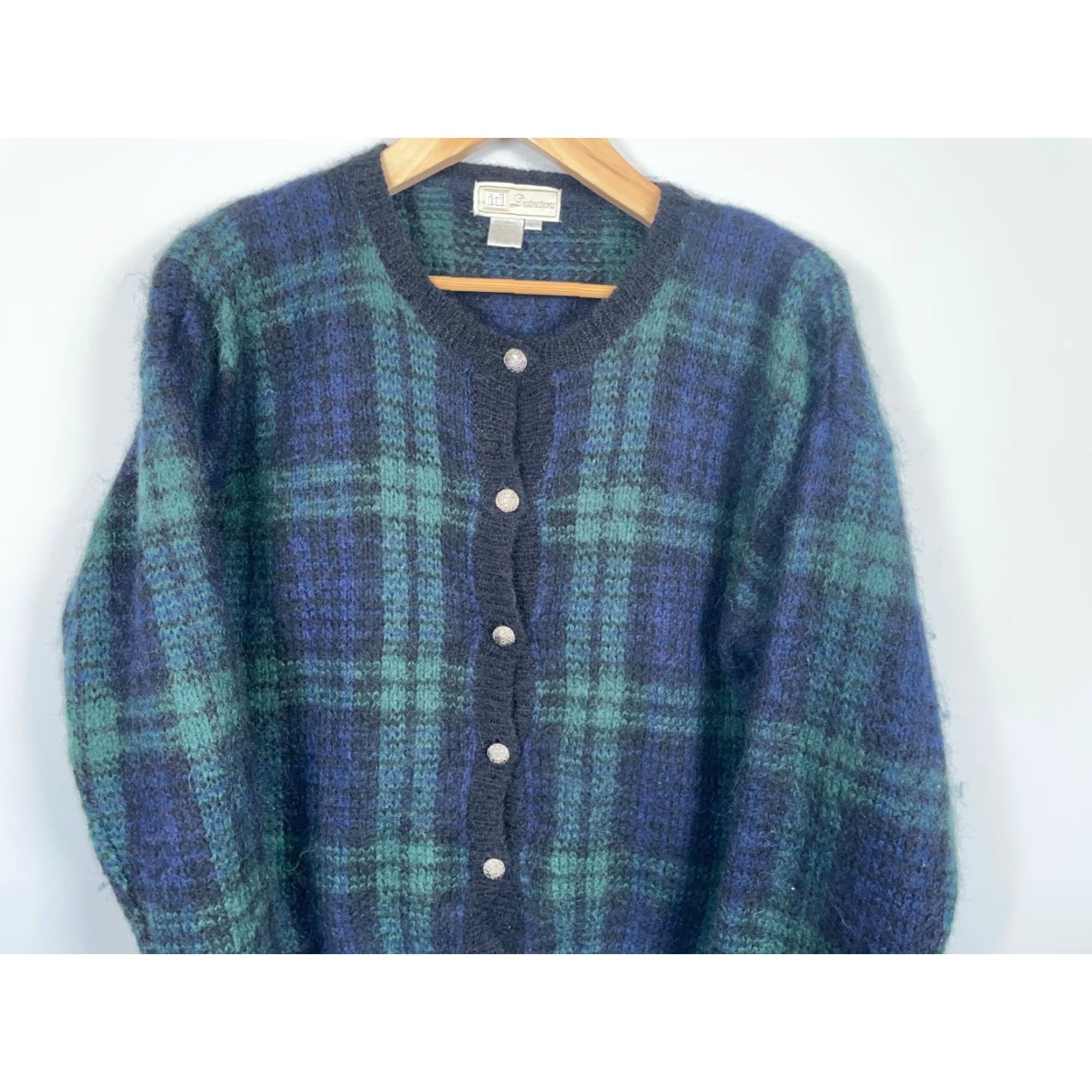 Swatch VINTAGE 90s Mohair Cardigan Women's Large Green Blue Black Watch Sweater Boxy Fit Size L / US 10 / IT 46 - 4 Thumbnail