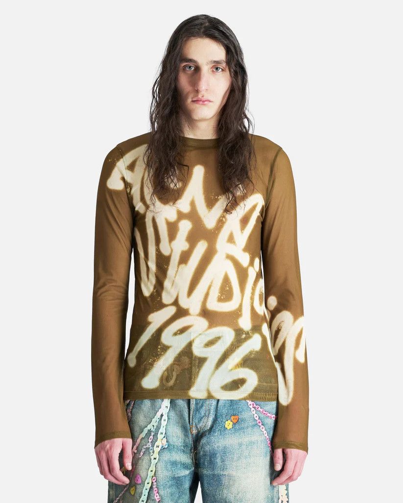 o1s1v1r1oon0825 Sheer Logo Long Sleeve in Green/Dark Khaki