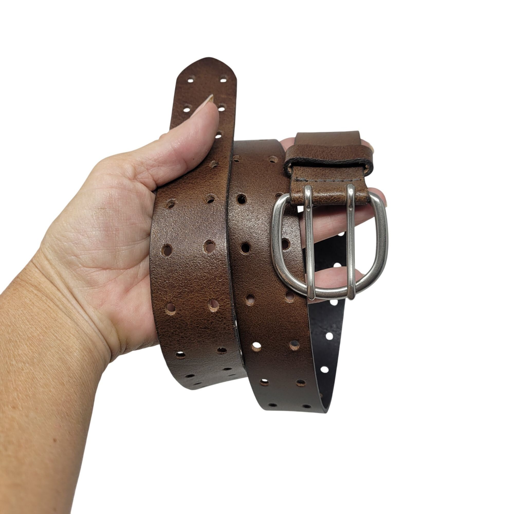 Vintage Mens Double Prong Genuine Italian Leather Brown Belt M/L 36" Size 36 - 9 Thumbnail