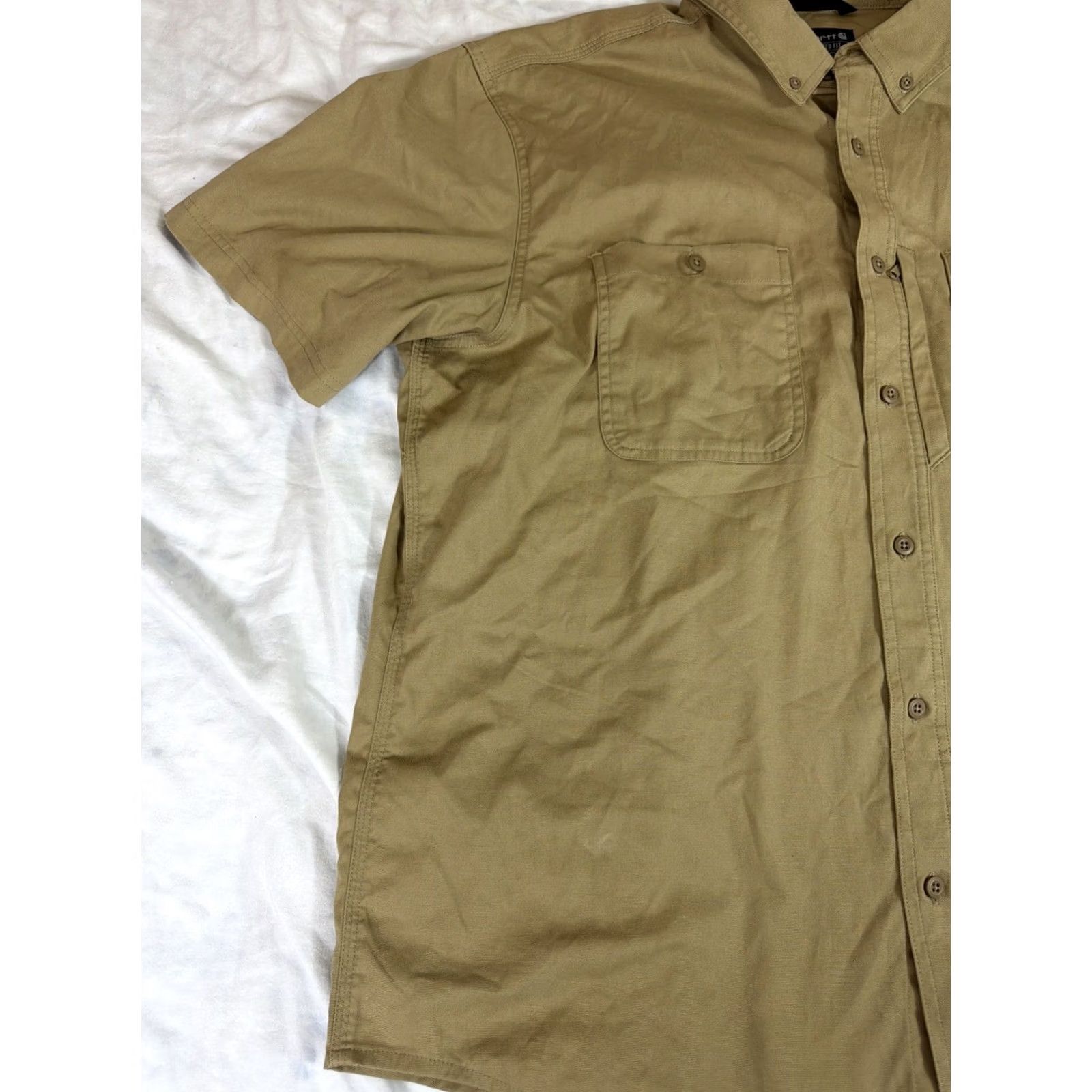 Carhartt Carhartt Shirt Mens XXL Beige Button-Up Embroidered Rugged 106688 Short Sleeve Solid Canvas Pocket Zipper Breathing Easy Care Size US XXL / EU 58 / 5 - 3 Thumbnail