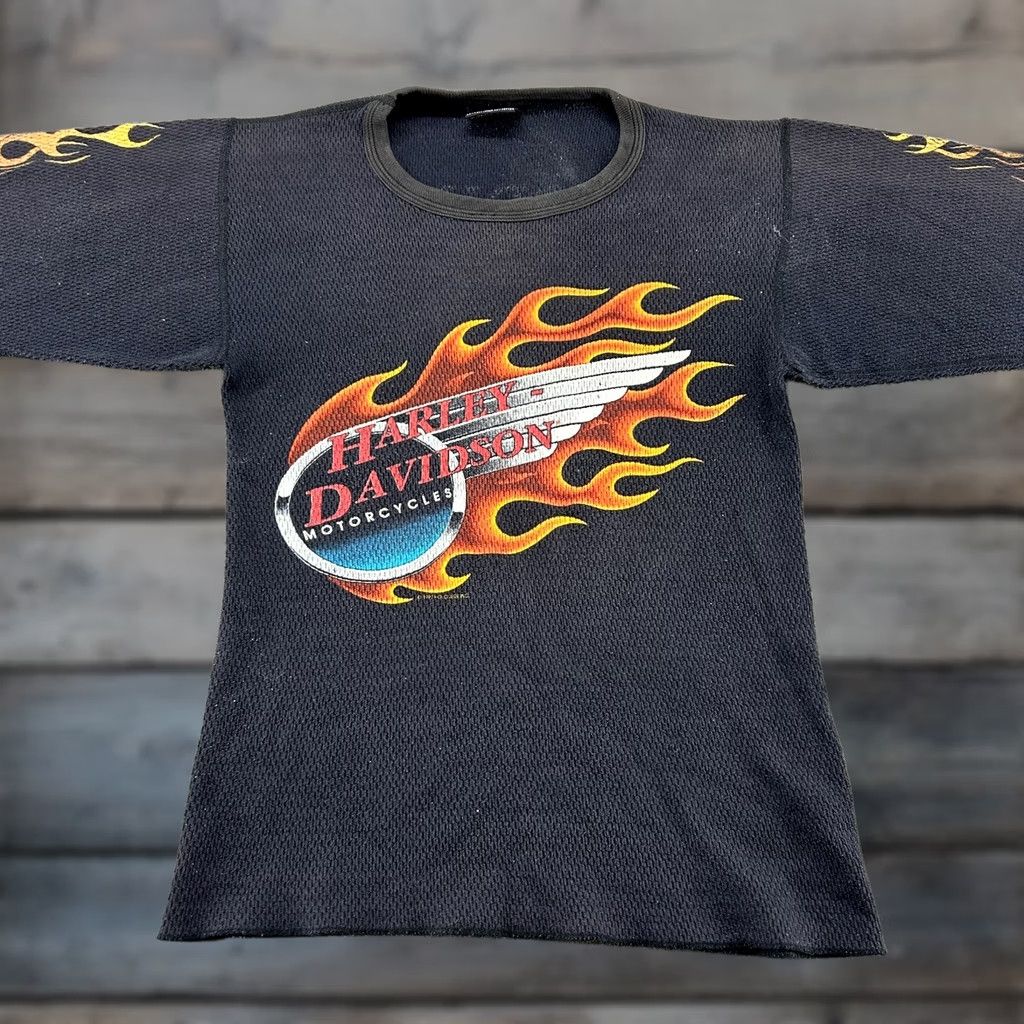 Harley Davidson VINTAGE Harley-Davidson Shirt Mens M Black Long Sleeve Thermal Flame 80s 90s USA Carhartt Logo Pockets Size US M / EU 48-50 / 2 - 1 Thumbnail