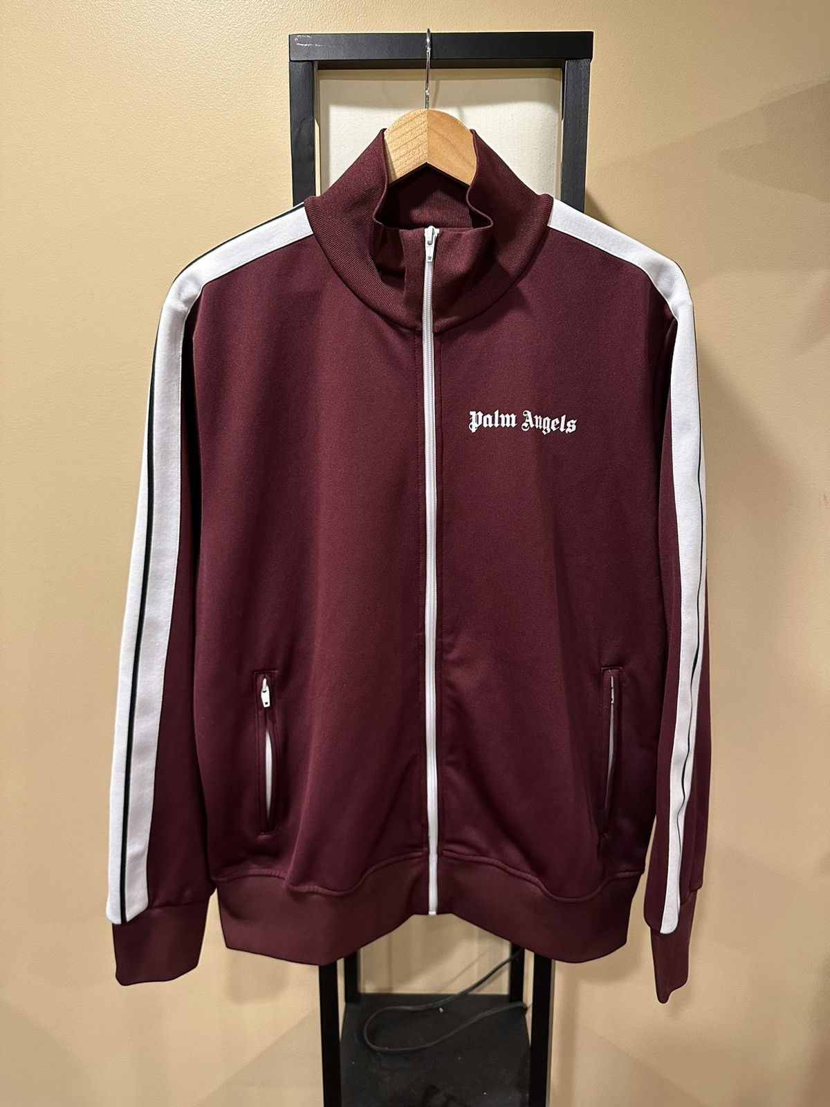 image of Palm Angels Classic Stripe Track Burgandy Zip Up Jacket, Men's (Size 2XL)