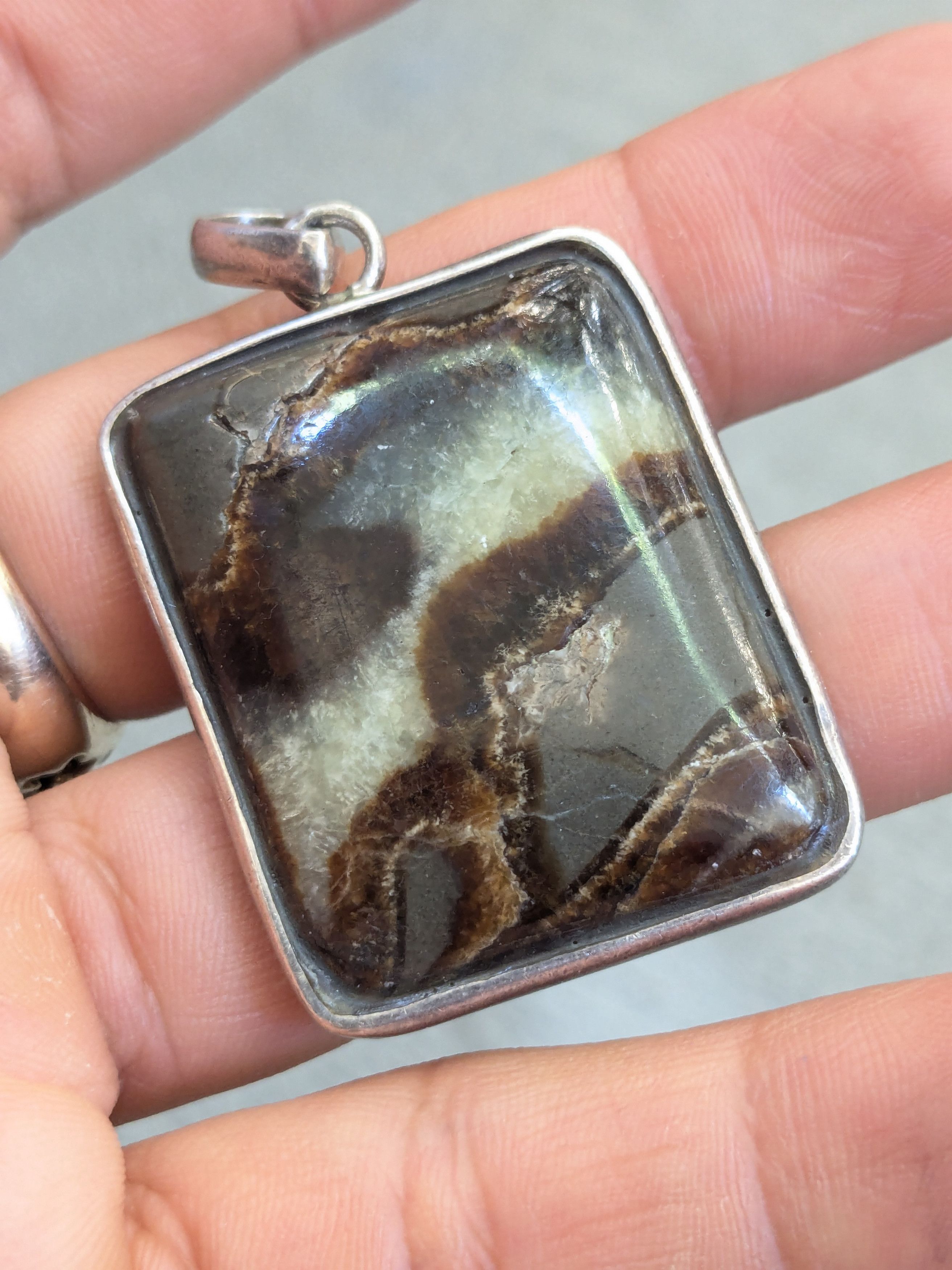 Jewelry Vintage Sterling Silver Pendant Brown Agate Square Size ONE SIZE - 10 Thumbnail