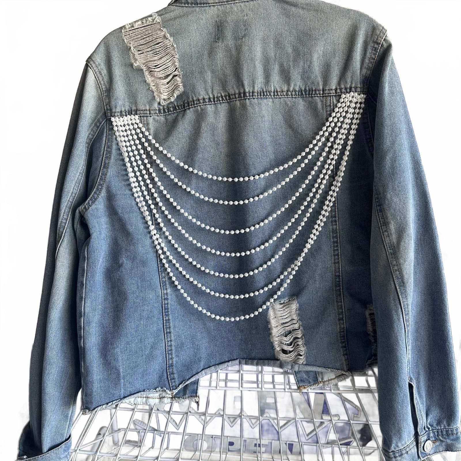 Designer Chic Denim Jacket with Pearl Detail - Distressed Style Size L / US 10 / IT 46 - 1 Thumbnail
