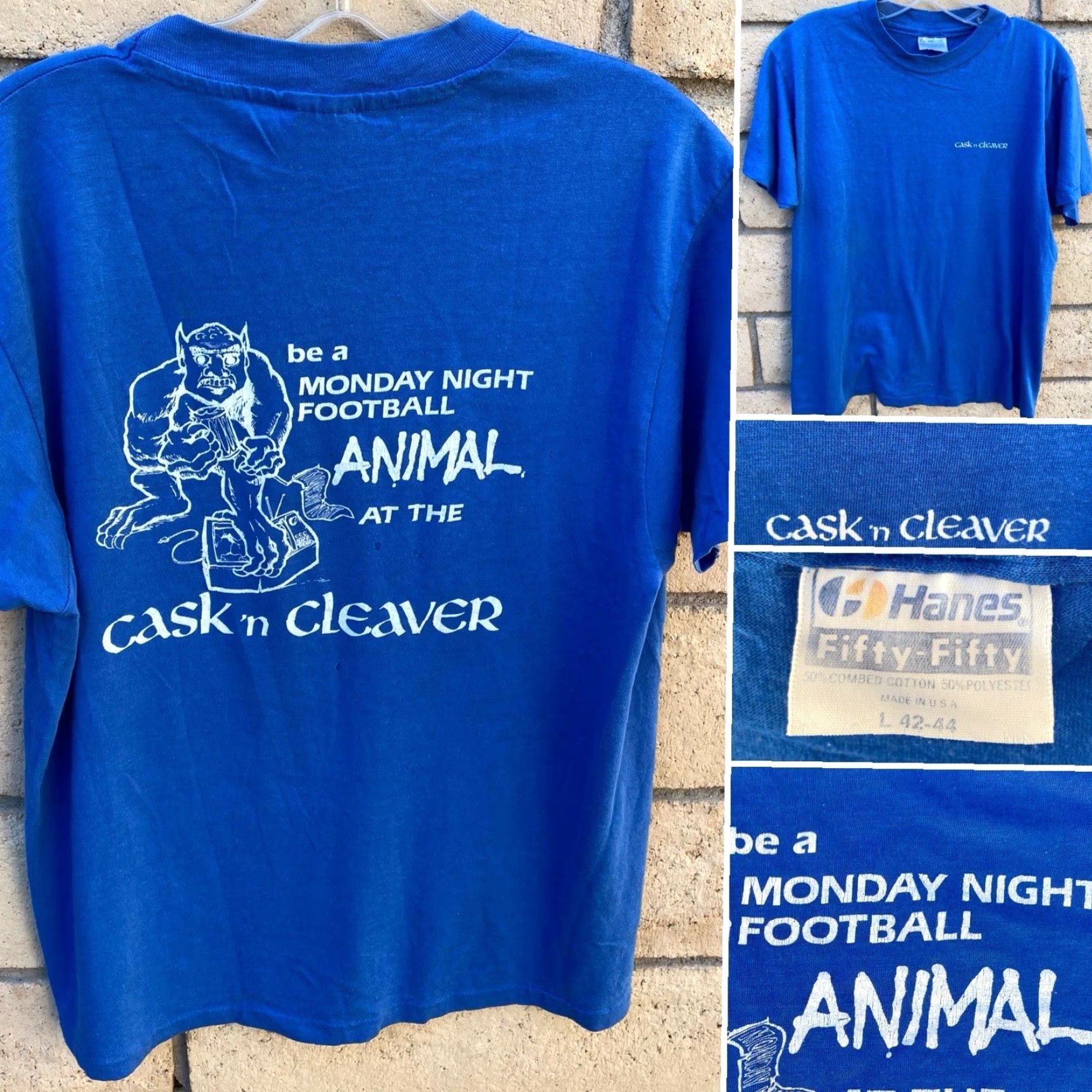 Hanes VINTAGE Hanes T-Shirt Cask ’n Cleaver Monday Night Football Animal Logo Tee 80s Blue L Mens Size US L / EU 52-54 / 3 - 2 Thumbnail