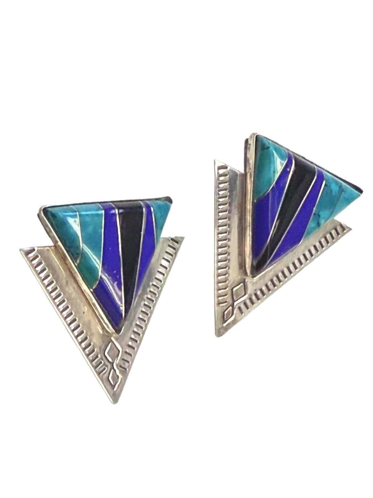 Other Sterling Inlay Triangle Earrings Lapis Turquoise SW Size ONE SIZE - 1 Thumbnail