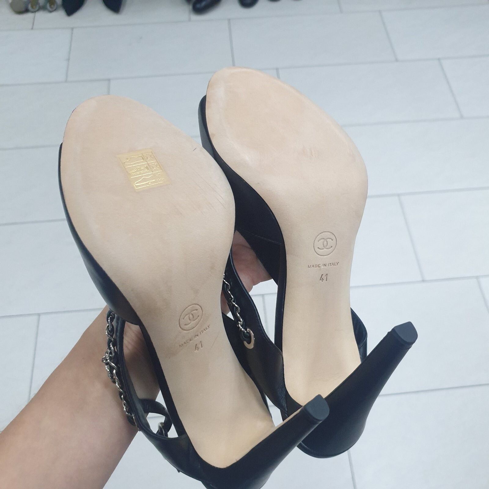 Chanel NWOB Chanel Black Silver Chain CC Heeled Sandals Sz.41 Size US 10 / IT 40 - 7 Thumbnail