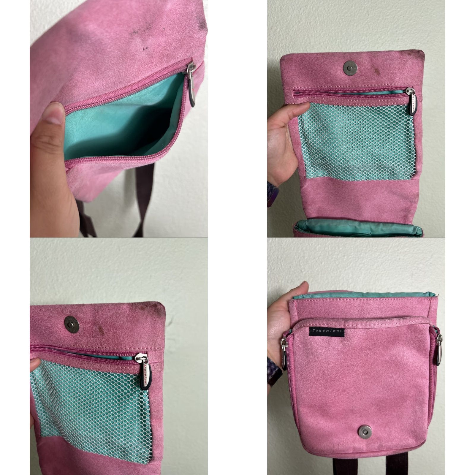 Vintage Travelon Pink Suede Crossbody Purse Bag Organizer Travel Hands Up Womens Small Size ONE SIZE - 8 Thumbnail