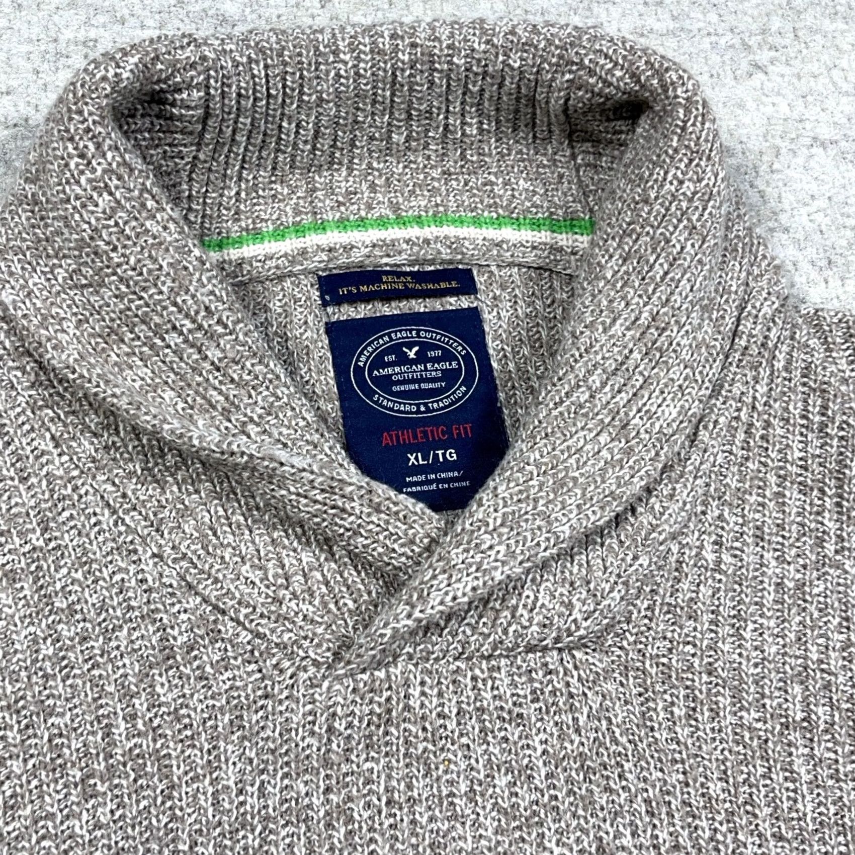 American Eagle Outfitters VINTAGE American Eagle Outfitters Sweater Men XL Tan Chunky-Knit Shawl Neck Y2K Athletic Fi Size US XL / EU 56 / 4 - 2 Thumbnail