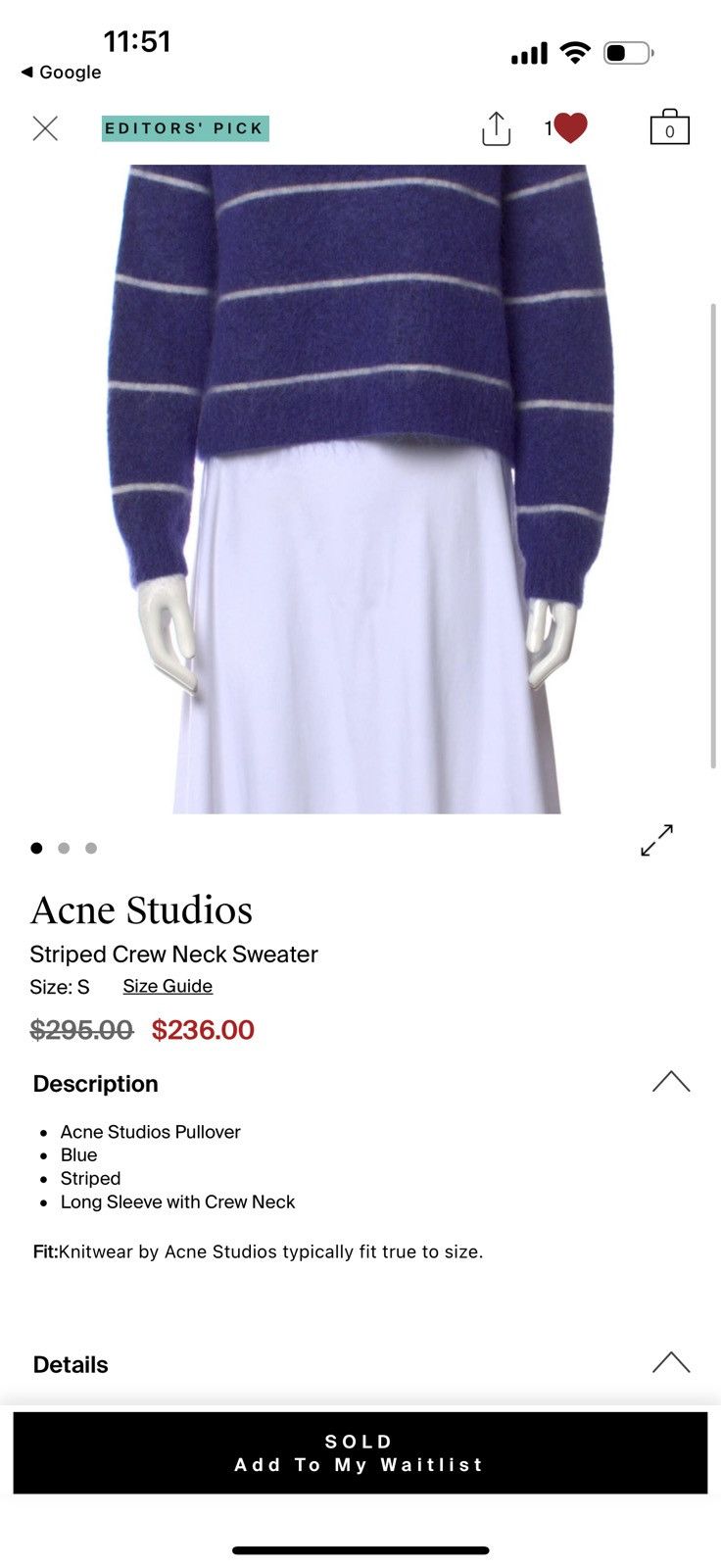 Acne Studios Blue and White Striped Sweater Size XS / US 0-2 / IT 36-38 - 5 Thumbnail