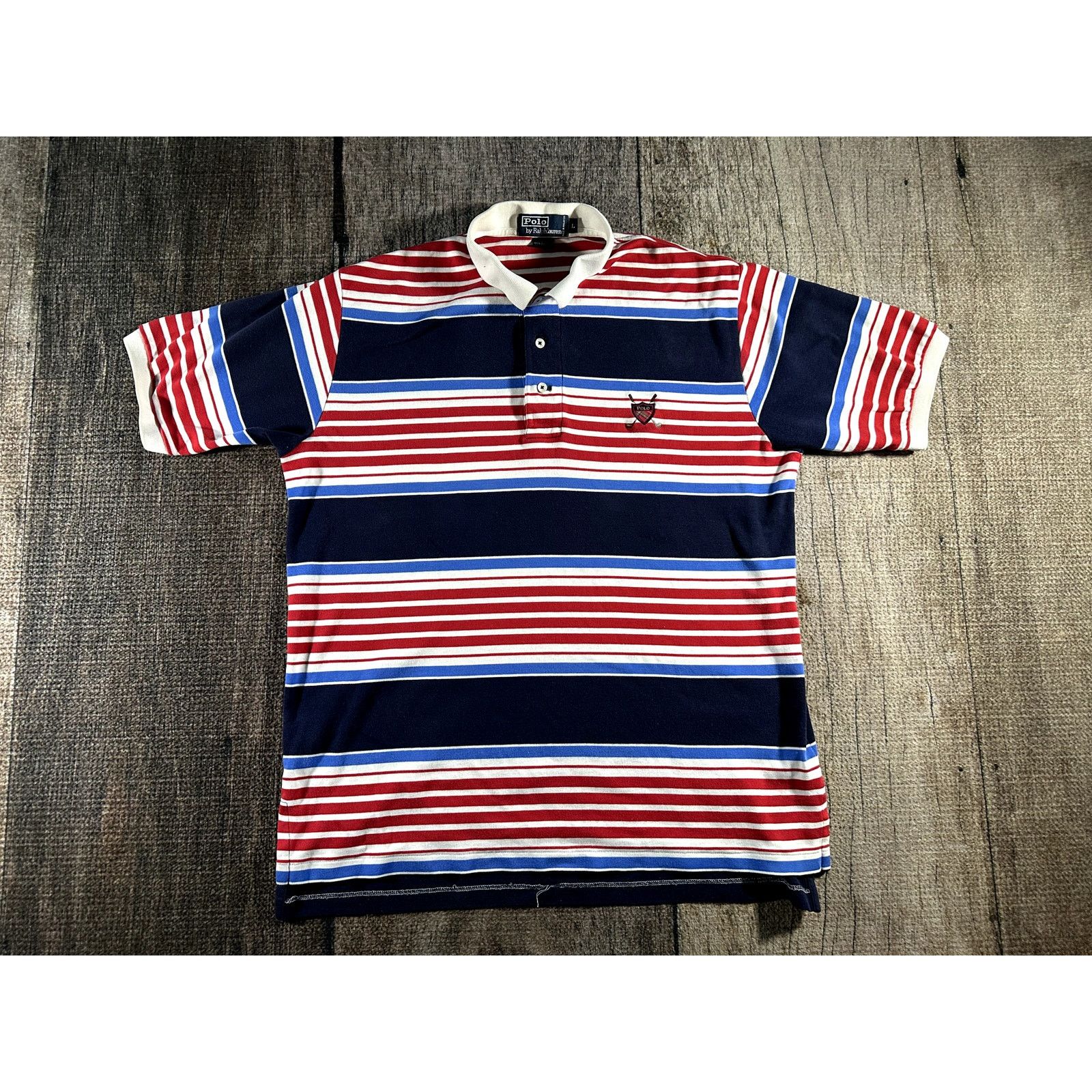 Polo Ralph Lauren Polo Ralph Lauren Red White Blue Striped Crest Polo Shirt Size US L / EU 52-54 / 3 - 1 Thumbnail