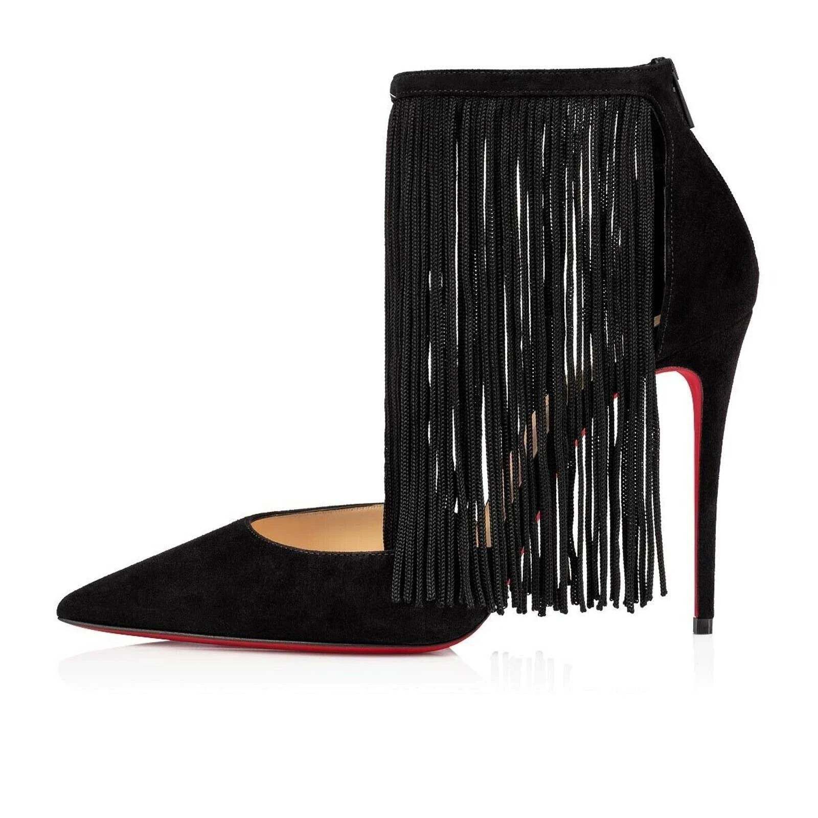 Christian Louboutin Courtain 100 Black Fringe Ankle Strap Sandal Heel Pump 36 Size US 6 / IT 36 - 3 Thumbnail