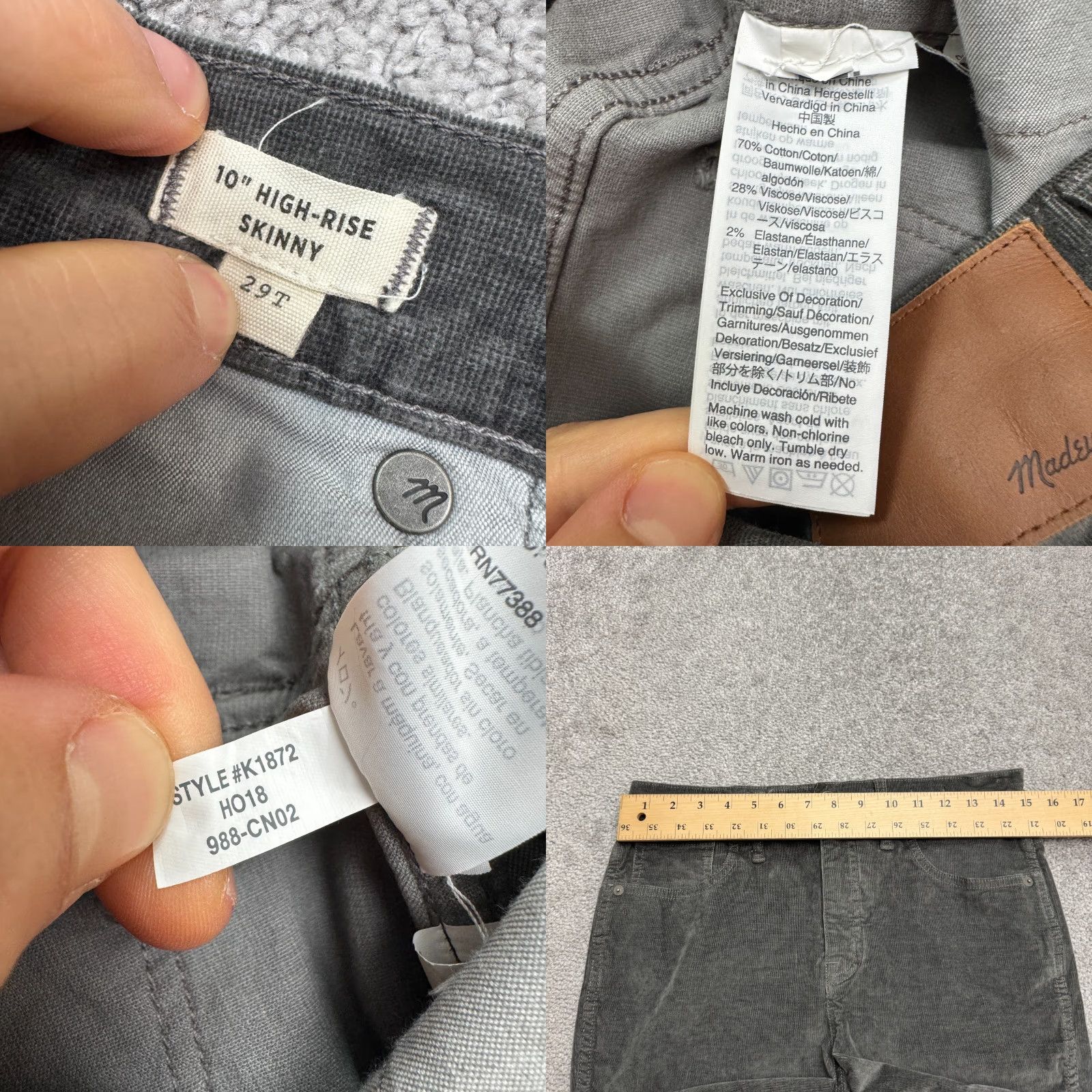 Madewell Madewell High Rise Skinny Velvet Pants Womens 29 Tall Dark Gray Stretch Casual Size 29" - 8 Thumbnail