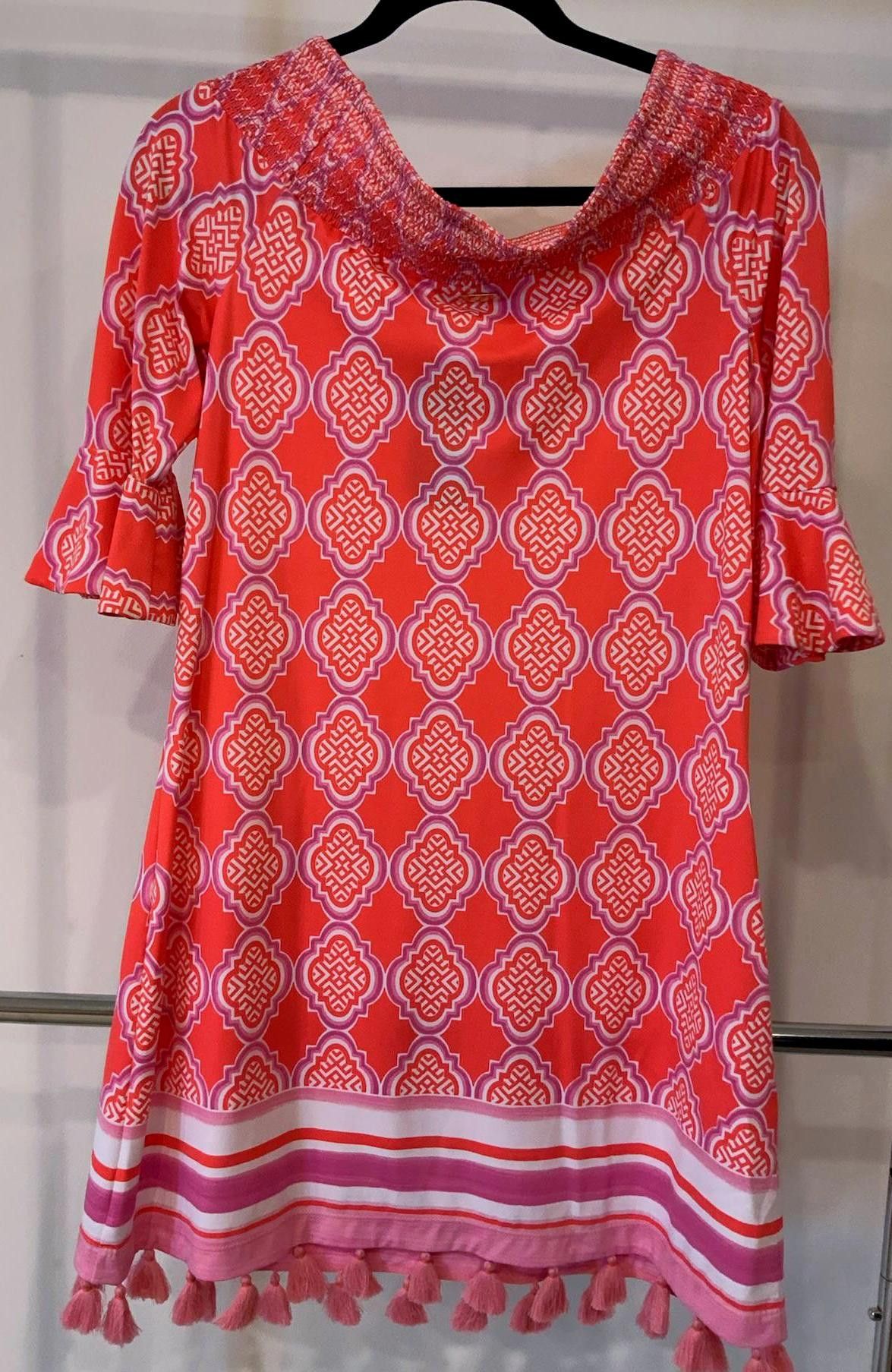 Designer Cabana Life Pink Patterned Dress with Tassels Size L / US 10 / IT 46 - 2 Thumbnail