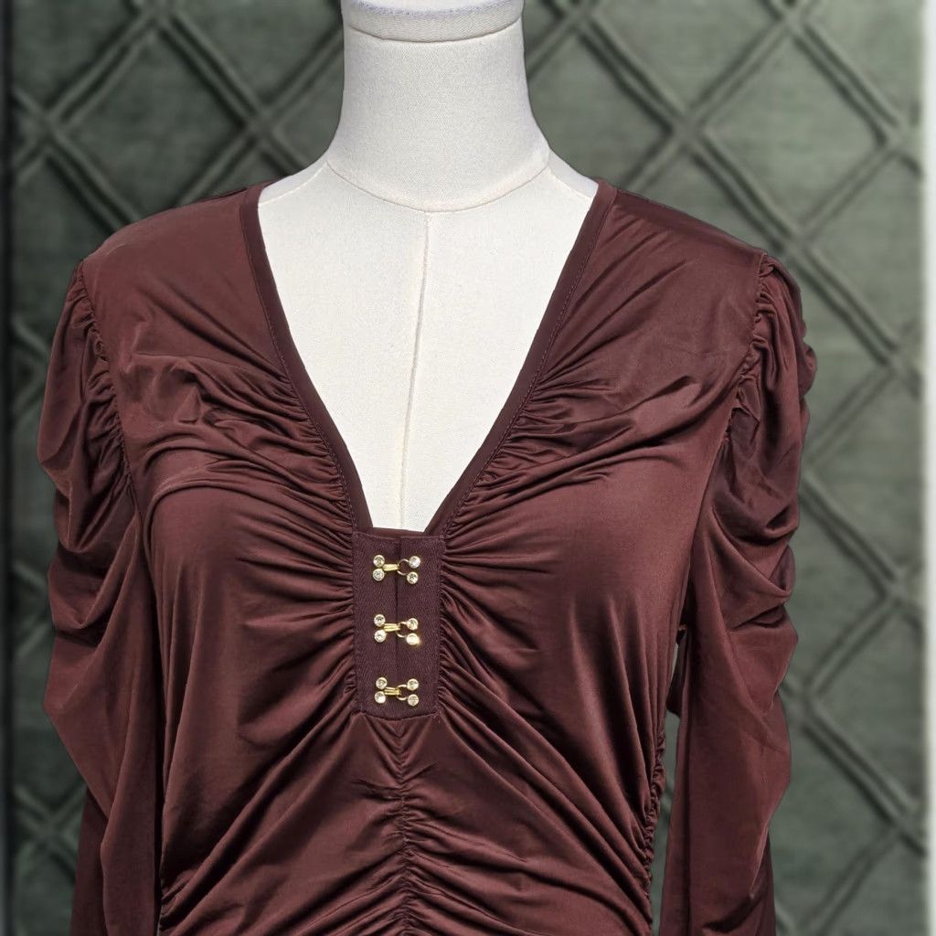 Vintage Cache Top Womens XS Brown Ruched Long Sleeve V Neck Stretch Blouse Dressy New Size XS / US 0-2 / IT 36-38 - 1 Thumbnail