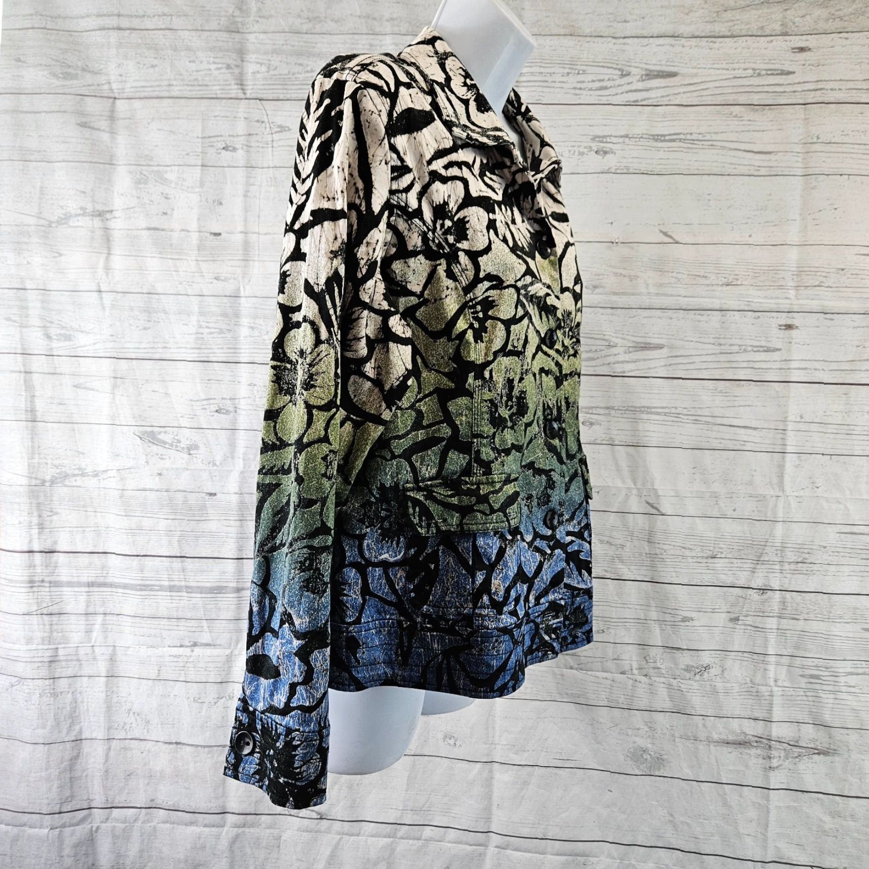 Vintage Chico's Women Jacket L Blue Floral Cotton Button Front Long Sleeve Size L / US 10 / IT 46 - 3 Thumbnail
