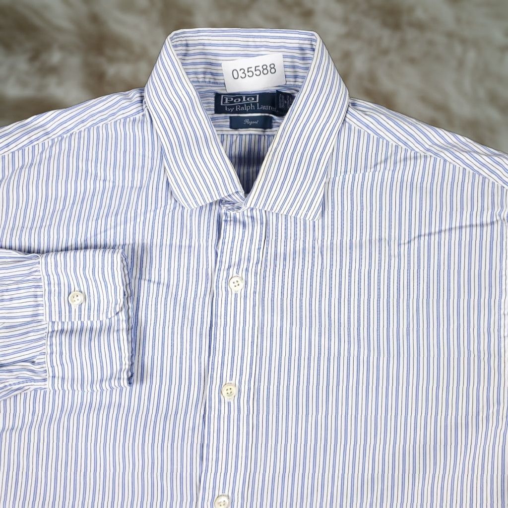 Ralph Lauren Ralph Lauren Shirt Mens 17 Blue Striped Dress Button-Down Long Sleeve 17 Dress Shirt Blue Mens Regular 90s American Classic Modern Size 46R - 1 Thumbnail