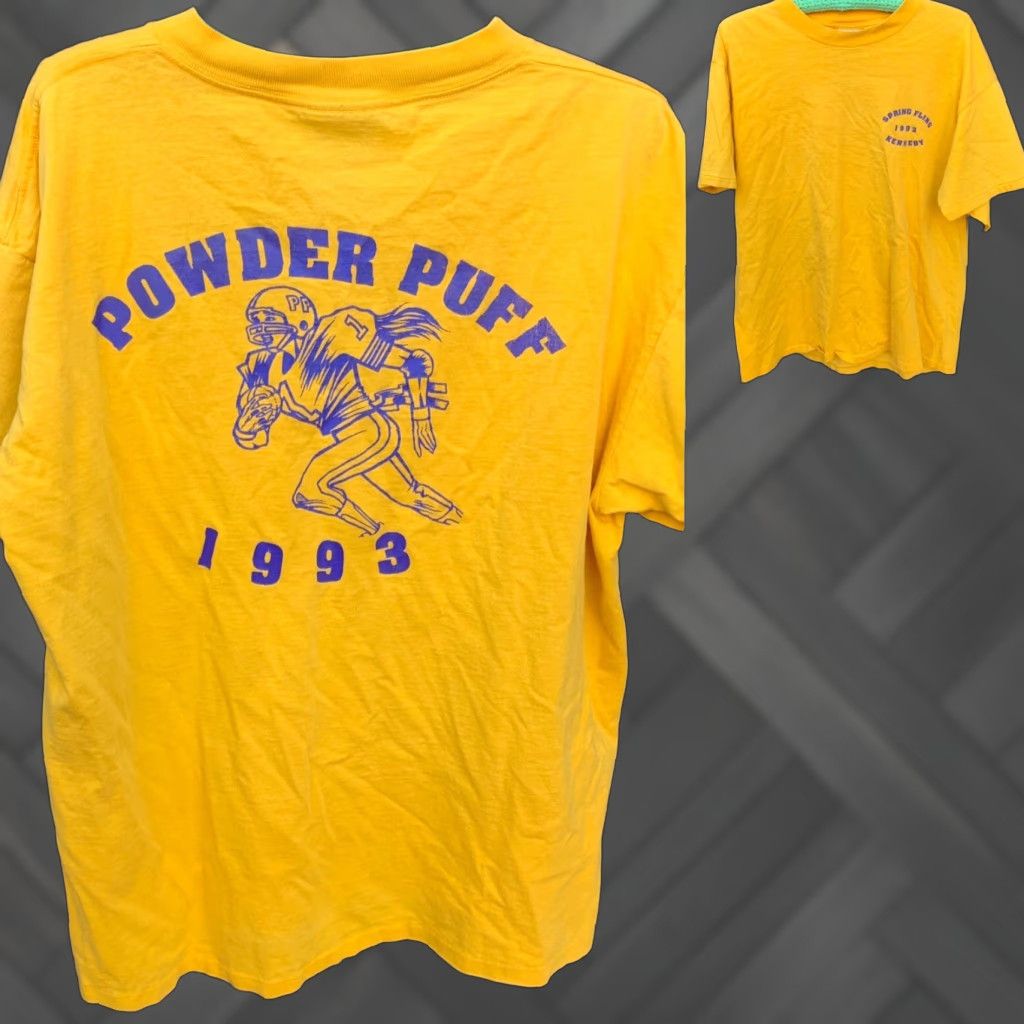Vintage VINTAGE Powderpuff 1993 Spring Fling Kennedy t-shirt single stitch XL Men T-Shirt 90s Yellow Gold Graphic Print 1993 POWDER PUFF Fashion Size US XL / EU 56 / 4 - 1 Thumbnail