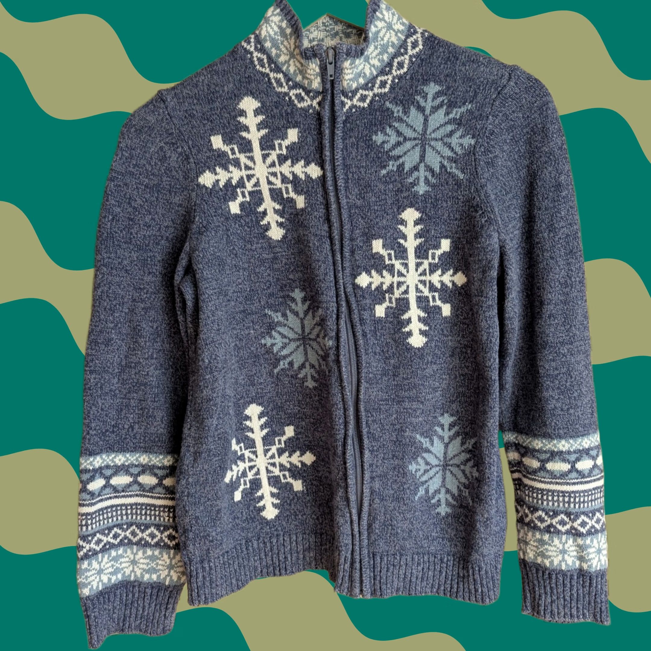 Vintage VINTAGE Christopher & Banks Cardigan Shirt Women S Blue Fair Isle Snowflake Zip Front Mock Neck Winter Fall Size S / US 4 / IT 40 - 1 Thumbnail