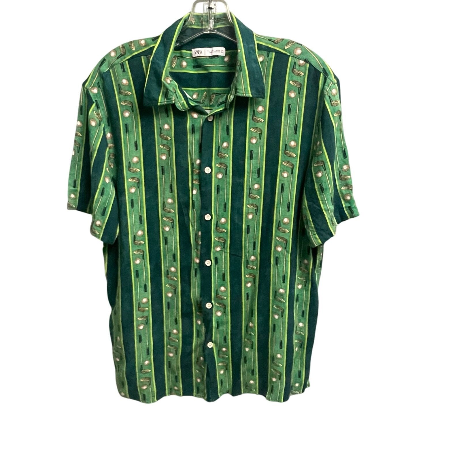 Zara Zara Mens Green Stripe Golf Button Down Shirt Sz Large
