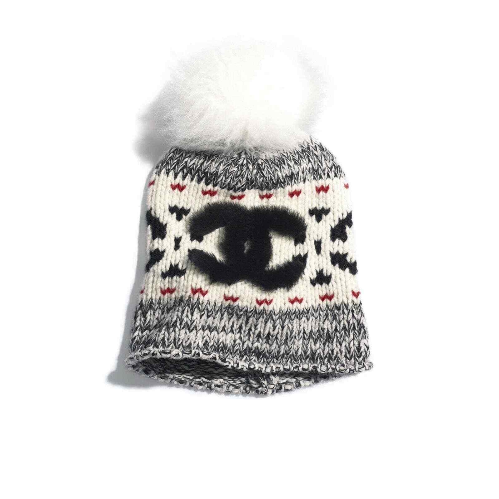 Chanel Black White Red Pom Pom Wool Knit Beanie Winter Hat