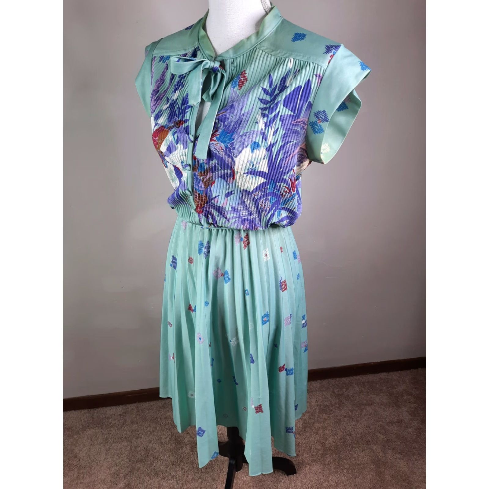 Altea Vintage Teal Mod Dress A-Line Hawaiian Floral M As Is - 60s 70s, Long Sleeve, Round Neck, Polyester, Knee Length, Casual Womens Vintage 60s 70s Size M / US 6-8 / IT 42-44 - 2 Thumbnail