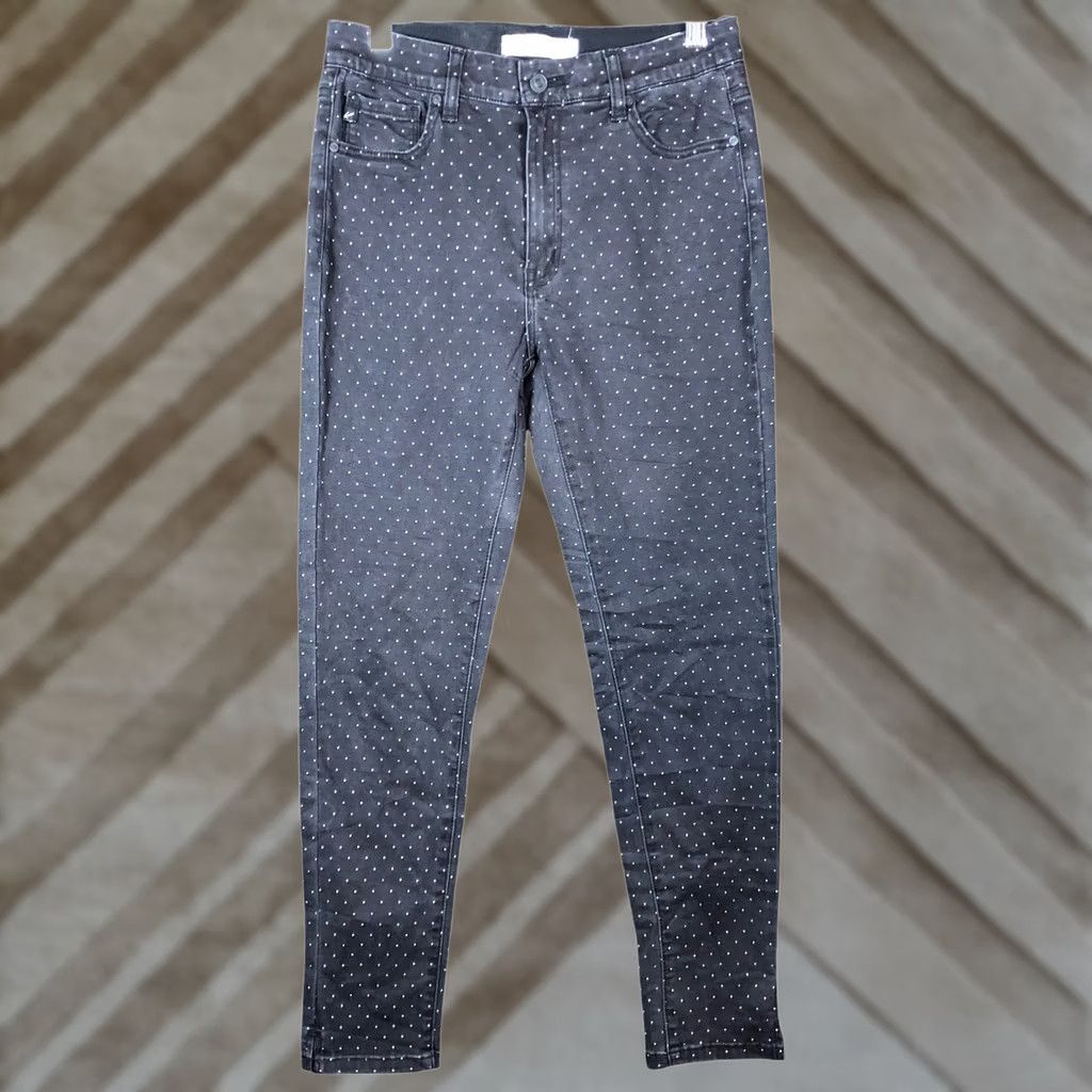 Vintage Kancan Jeans Womens Black White Dotted Denim Mid Rise Skinny Stretch 9 Inseam 27 5-Pocket Design Zip Button Size 9 Size 28" / US 6 / IT 42 - 1 Thumbnail