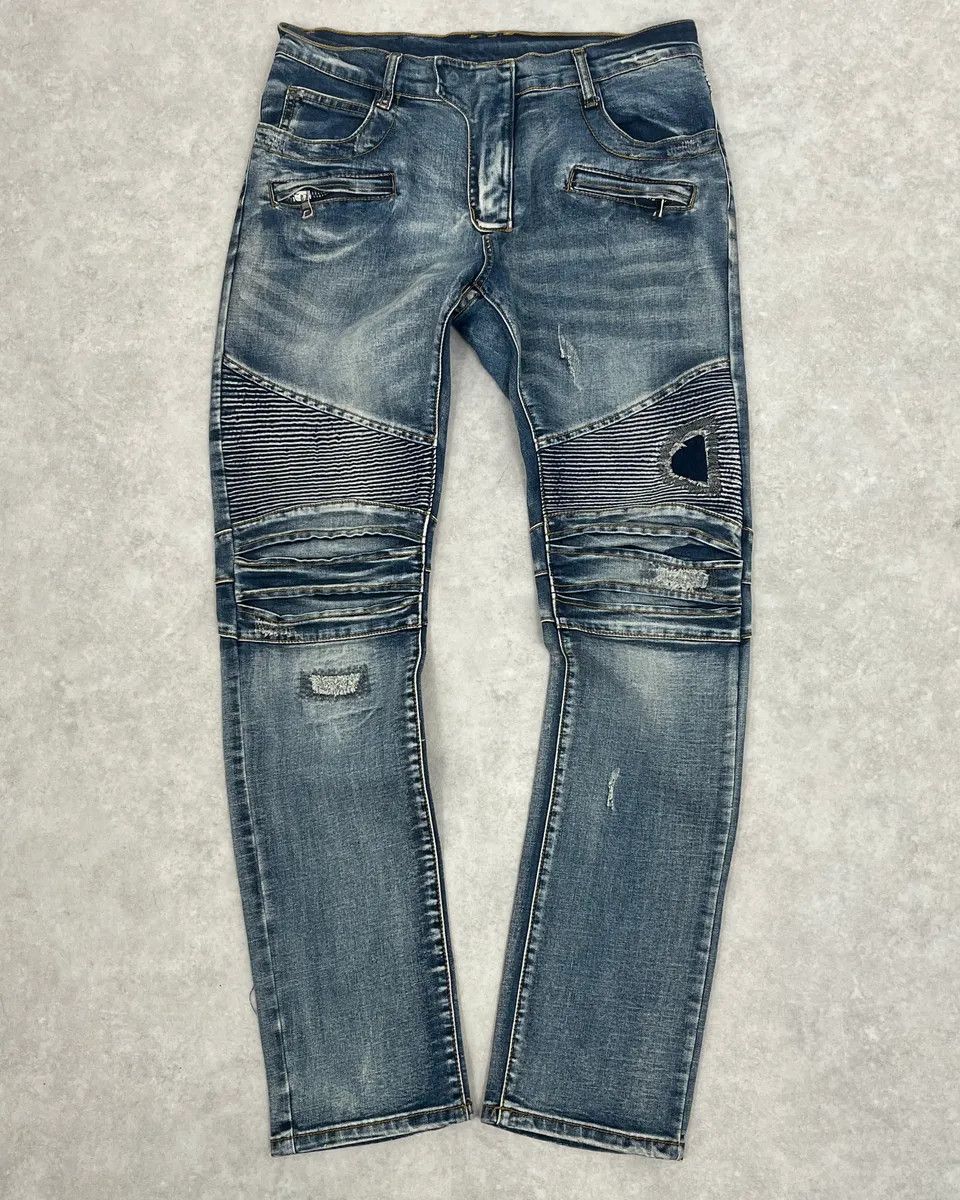 Balmain 2010s Balmain Biker Blue Denim Jeans Size US 31 - 4 Thumbnail