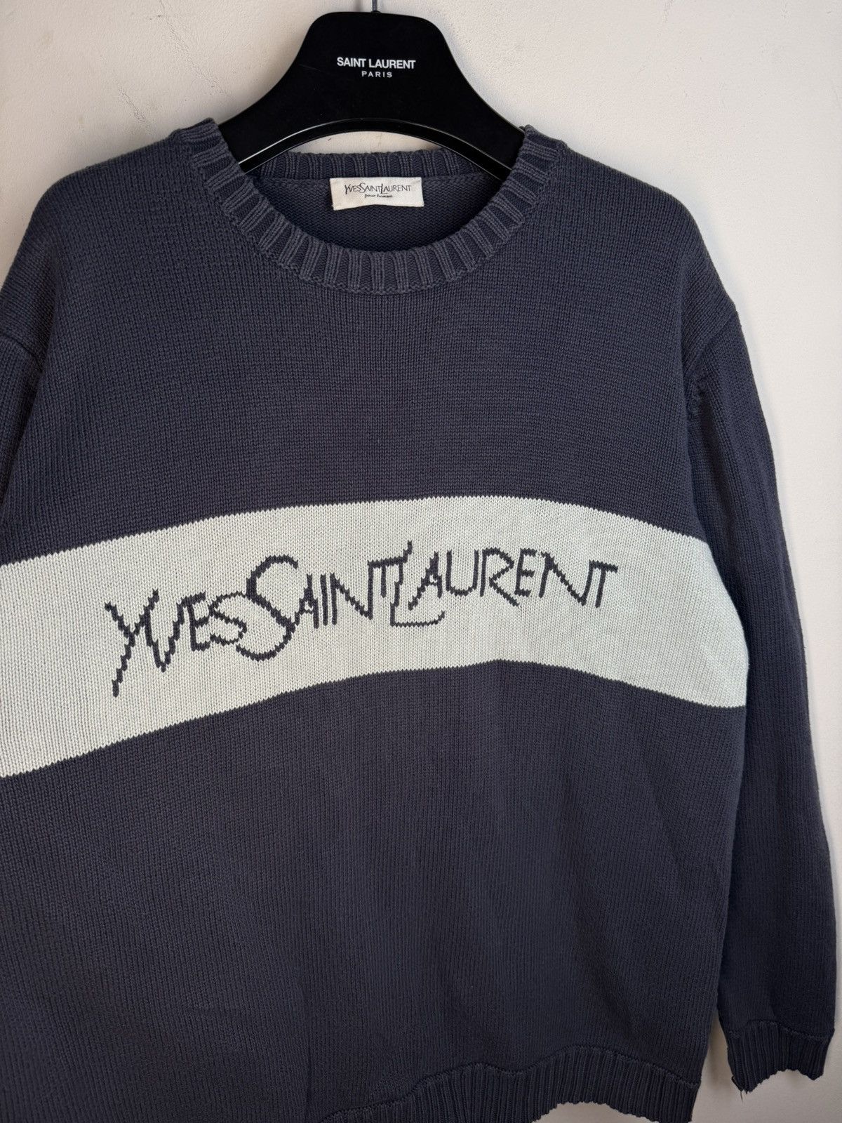 Yves Saint Laurent Royal Blue YSL Sweater Knit Big Logo Vintage Sweatshirt Rare Size US L / EU 52-54 / 3 - 2 Thumbnail
