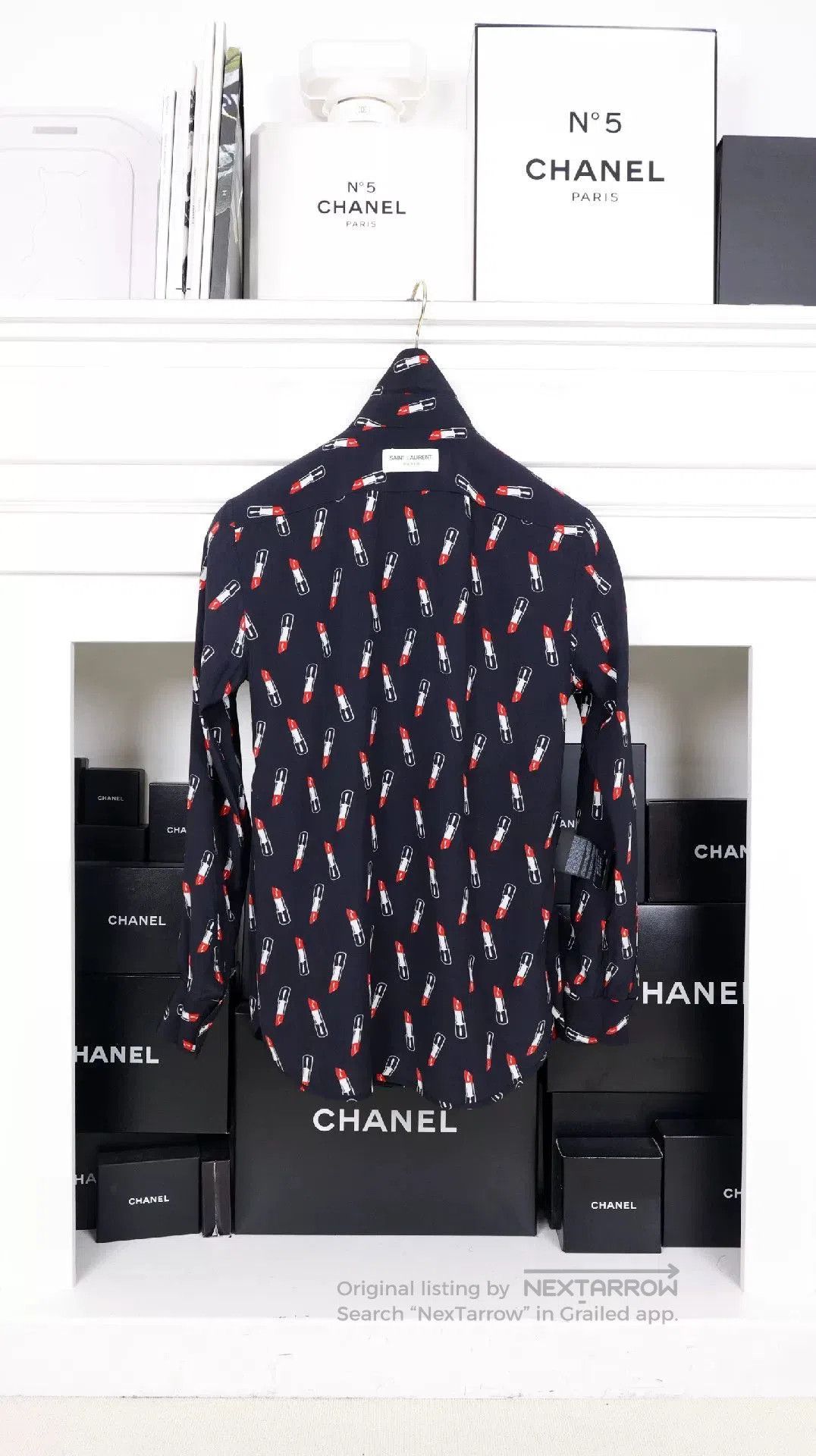 Saint Laurent Paris YSL Dark Blue Lipstick Print Shirt. Size XS / US 0-2 / IT 36-38 - 8 Thumbnail