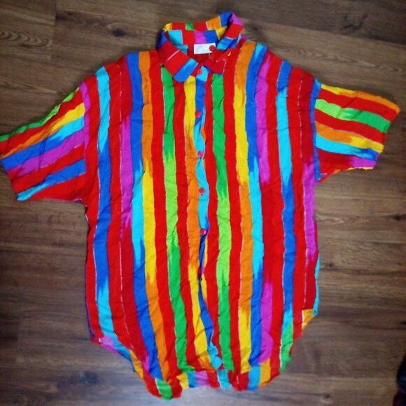 Other Vintage Gottex Rainbow Painted Stripe Polyester Disco Shirt Size US L / EU 52-54 / 3 - 2 Thumbnail