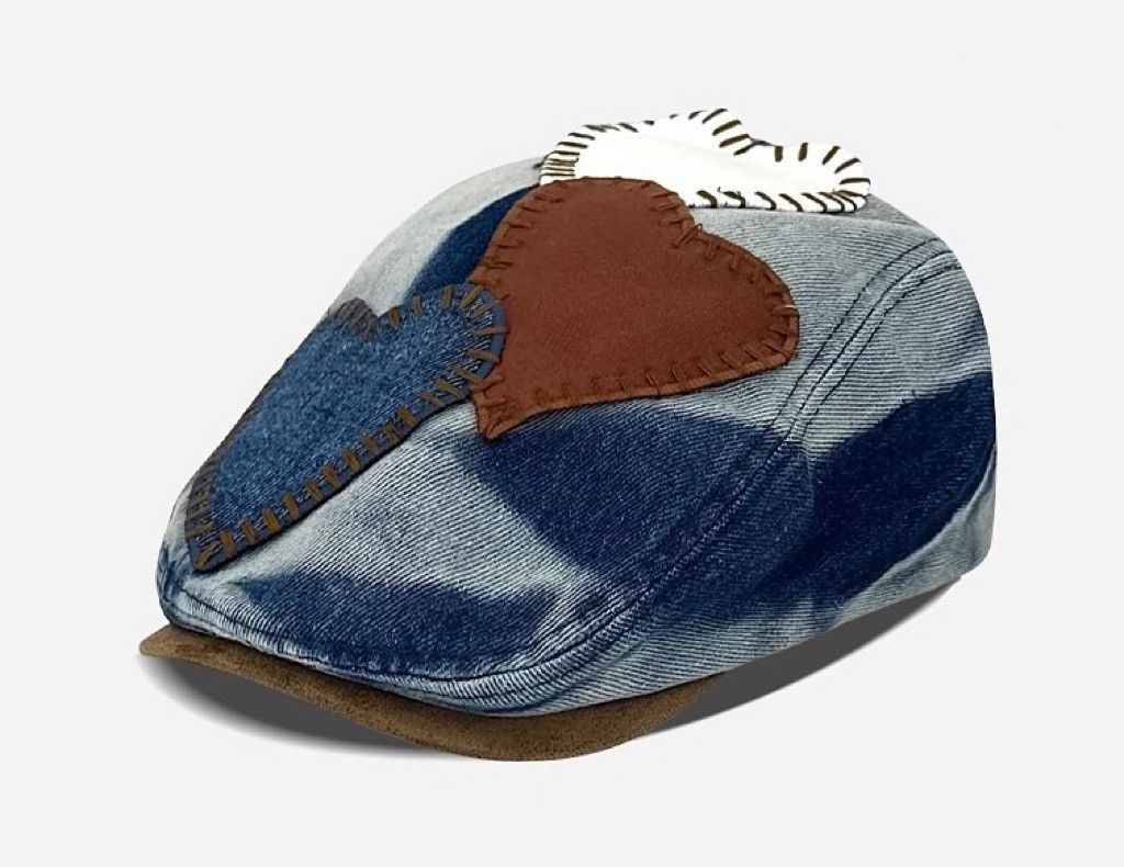 Japanese Brand Outdoor retro faded heart patches denim beret hat cap y2k Size ONE SIZE - 1 Thumbnail