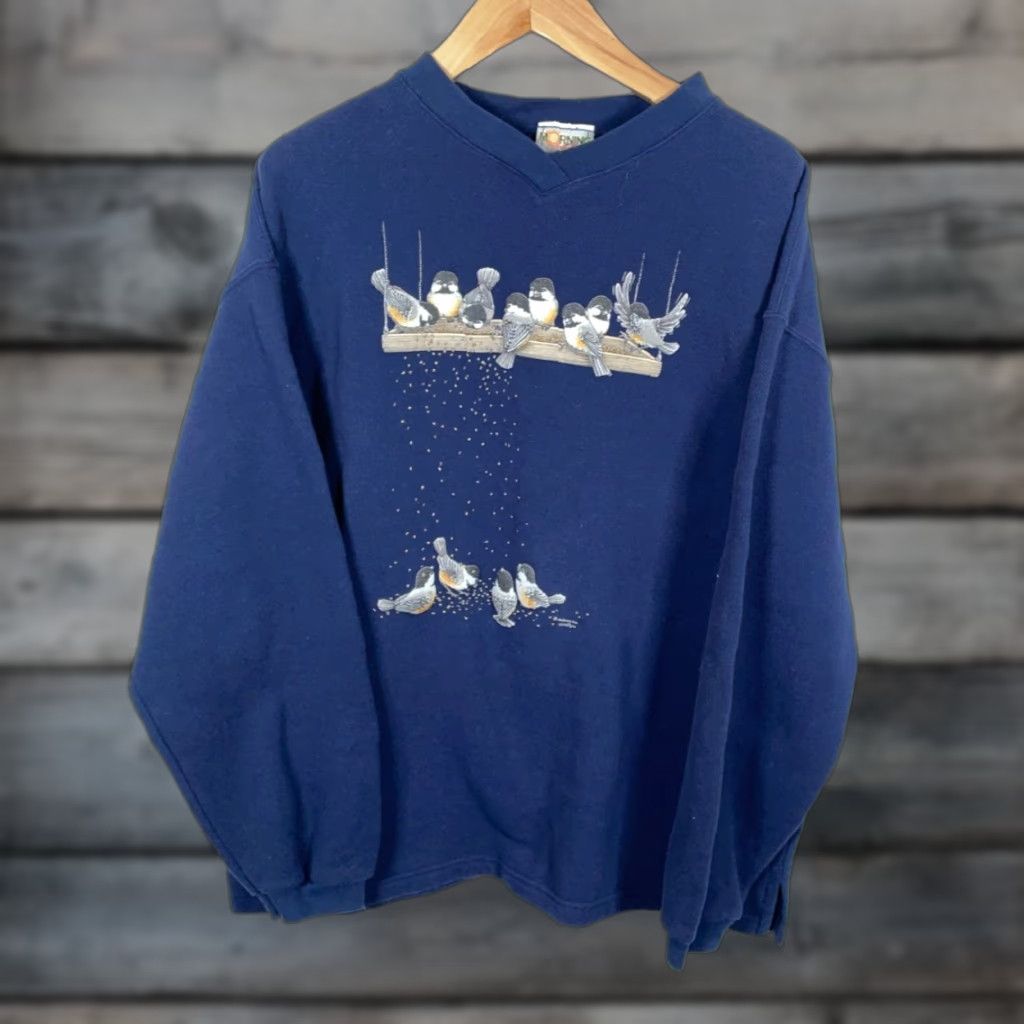 Vintage VINTAGE Morning Sun Sweatshirt Women's XL Blue V-Neck Pique Cotton Bird Graphic 90s Size XL / US 12-14 / IT 48-50 - 1 Thumbnail
