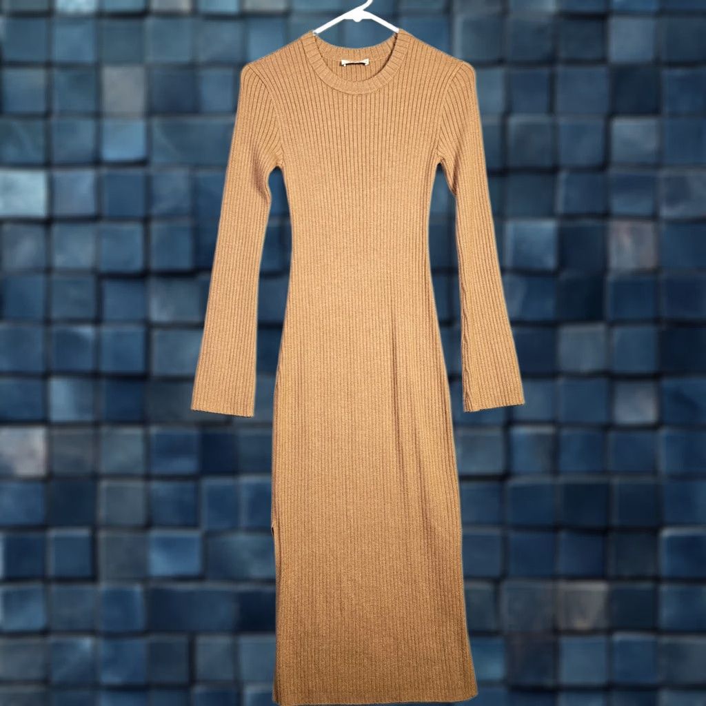 AYR AYR Womens XS Ribbed Knit Dress Tan Long Sleeve Midi Colorful Solid A-Line Size XS / US 0-2 / IT 36-38 - 1 Thumbnail